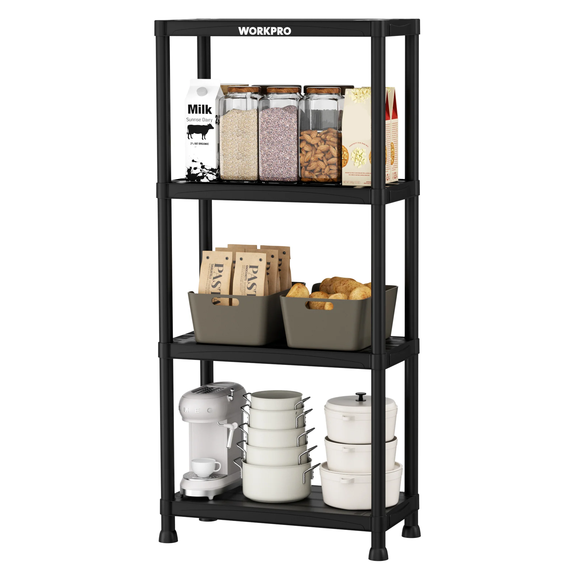 WORKPRO 4-Tier Plastic Storage Shelf, Black Freestanding Utility Organizer for Garage, Laundry Room & Basement - Image 4