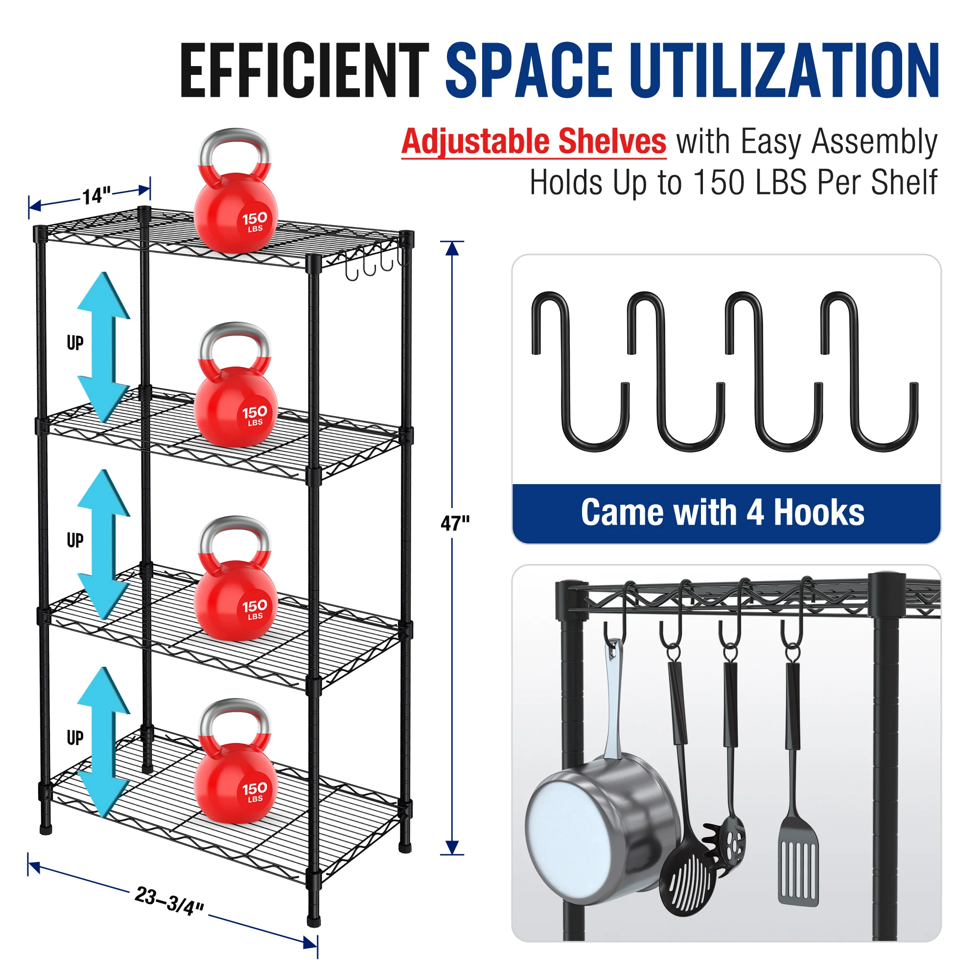 WORKPRO 4 Tier Adjustable Metal Storage Shelves with Hooks for Pantry Closet Kitchen Basement - 24" W x 14" D x 48" H - Image 5