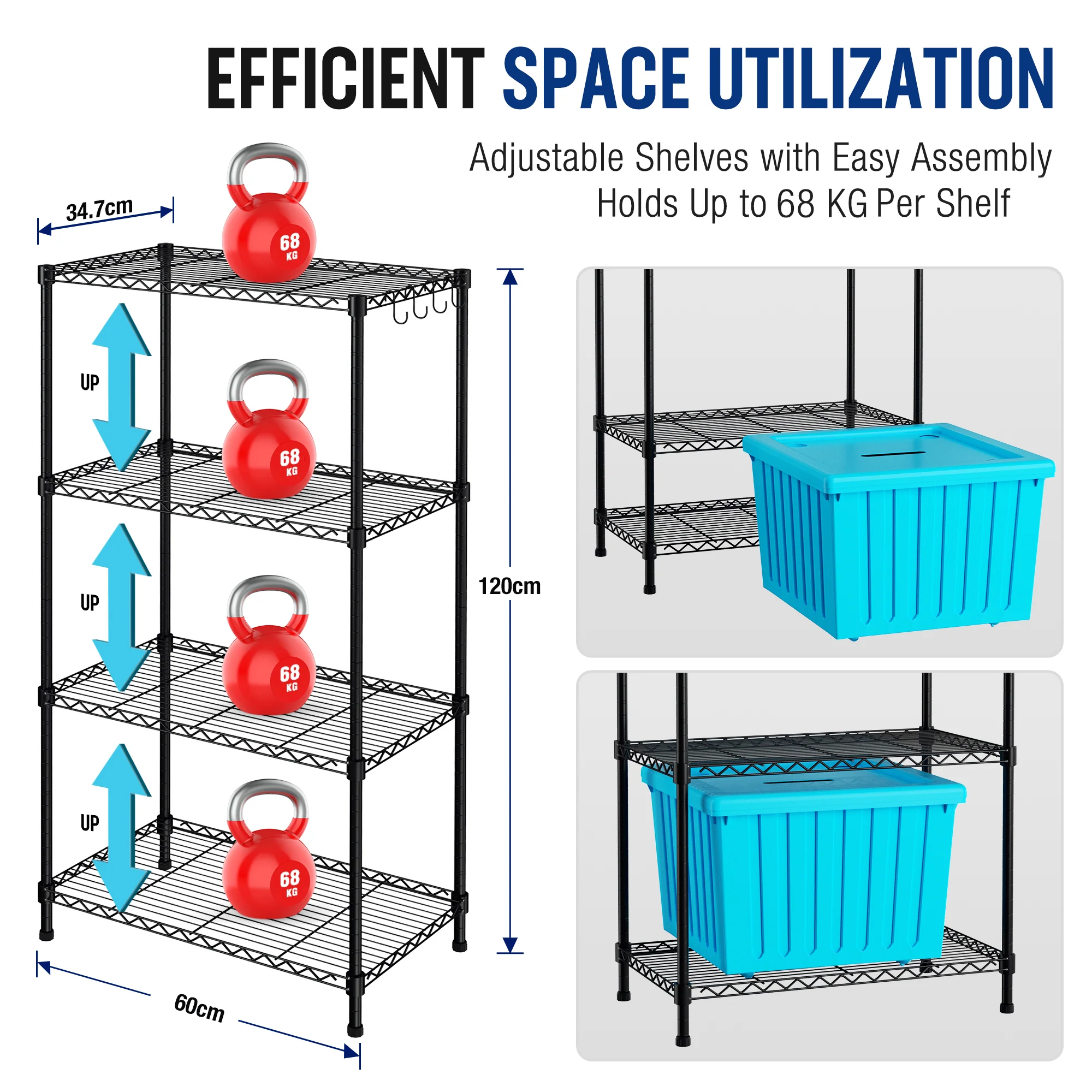 WORKPRO 4 Tier Adjustable Metal Storage Shelves with Hooks for Pantry Closet Kitchen Basement - 24" W x 14" D x 48" H - Image 8