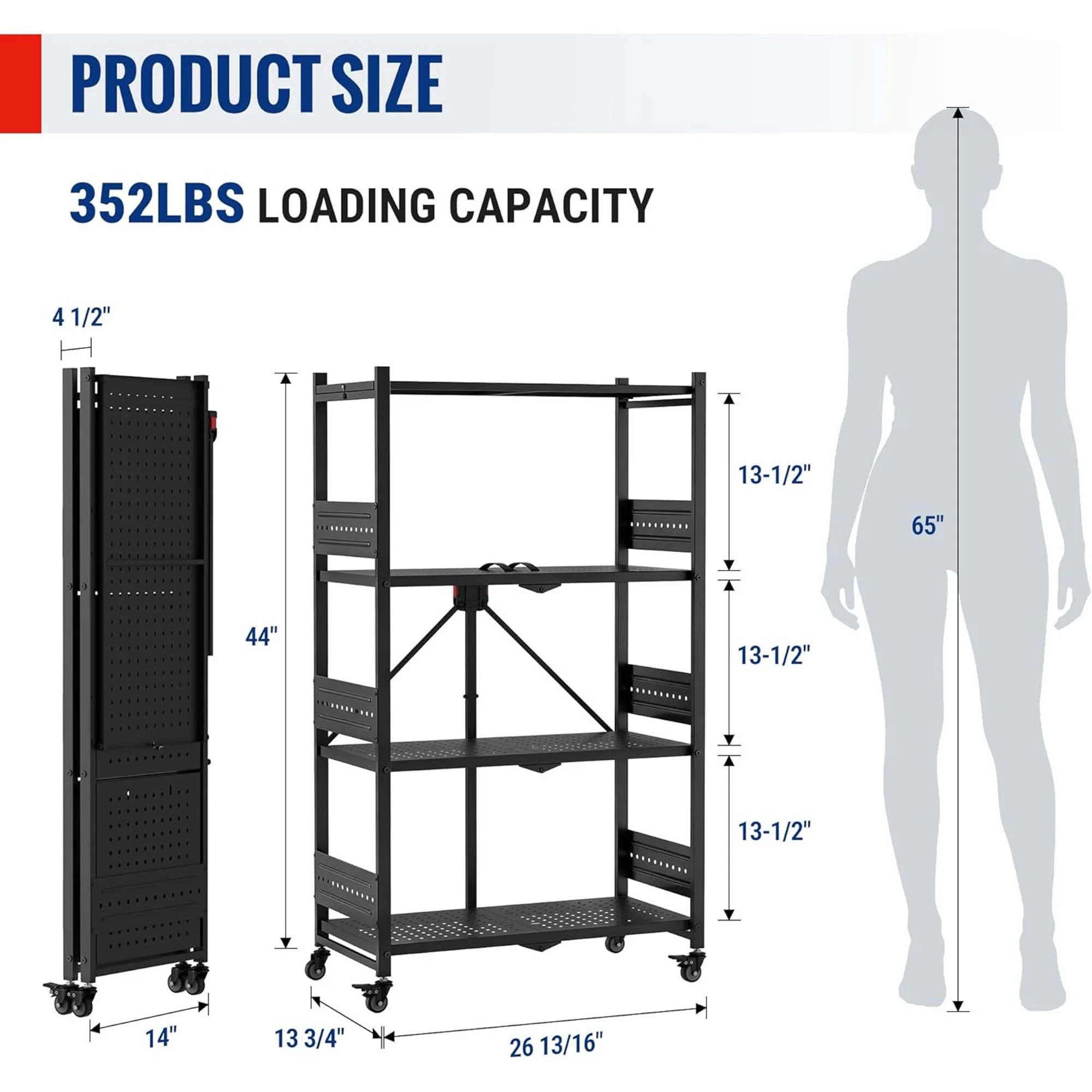 WORKPRO 4-Tier Folding Shelf, No-Assembly Metal Storage Rack with Wheels, 600 lbs Capacity (with Leveling Feet), Collapsible Shelving Unit for Kitchen, Pantry, Bathroom & Closet Organization - Image 3