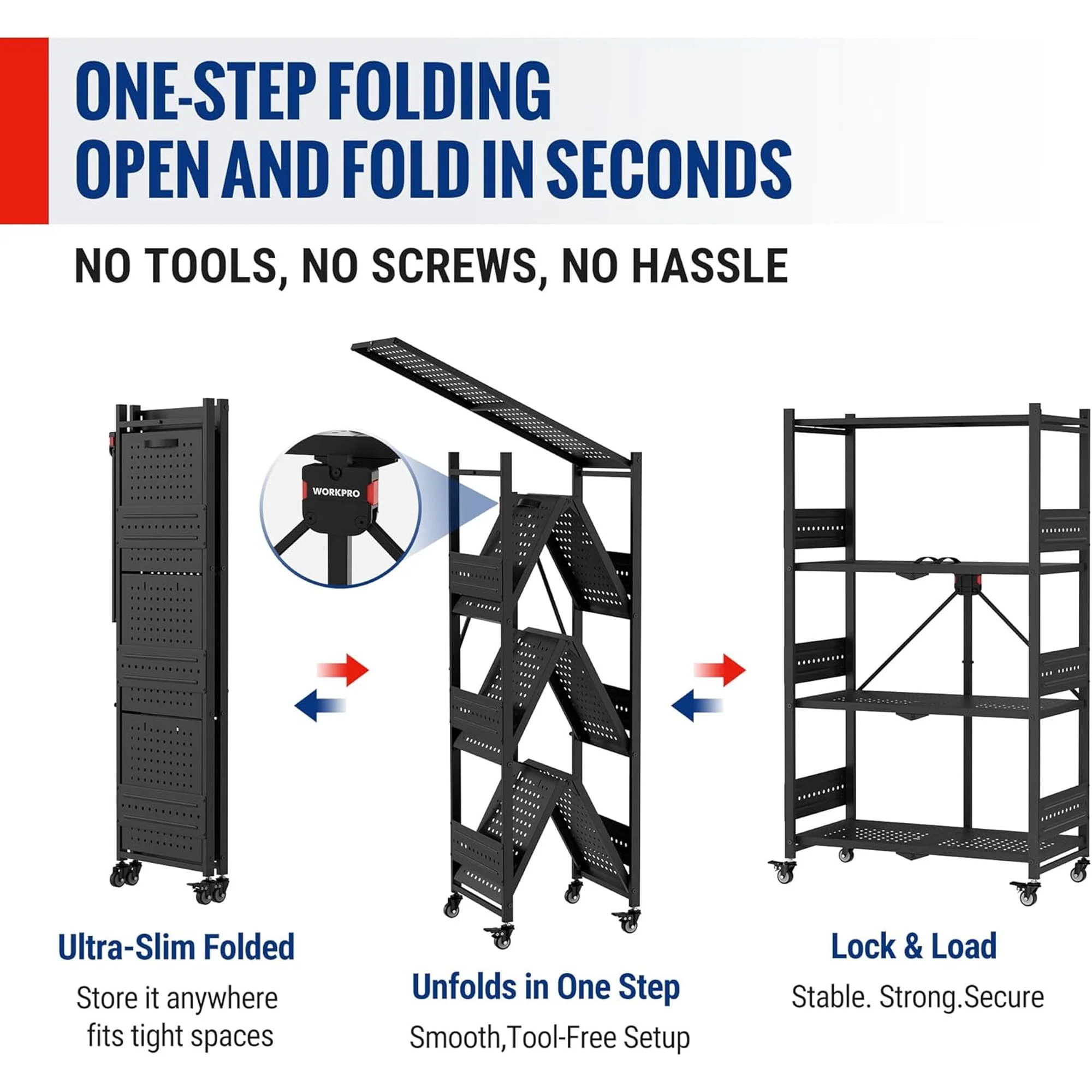 WORKPRO 4-Tier Folding Shelf, No-Assembly Metal Storage Rack with Wheels, 600 lbs Capacity (with Leveling Feet), Collapsible Shelving Unit for Kitchen, Pantry, Bathroom & Closet Organization - Image 5