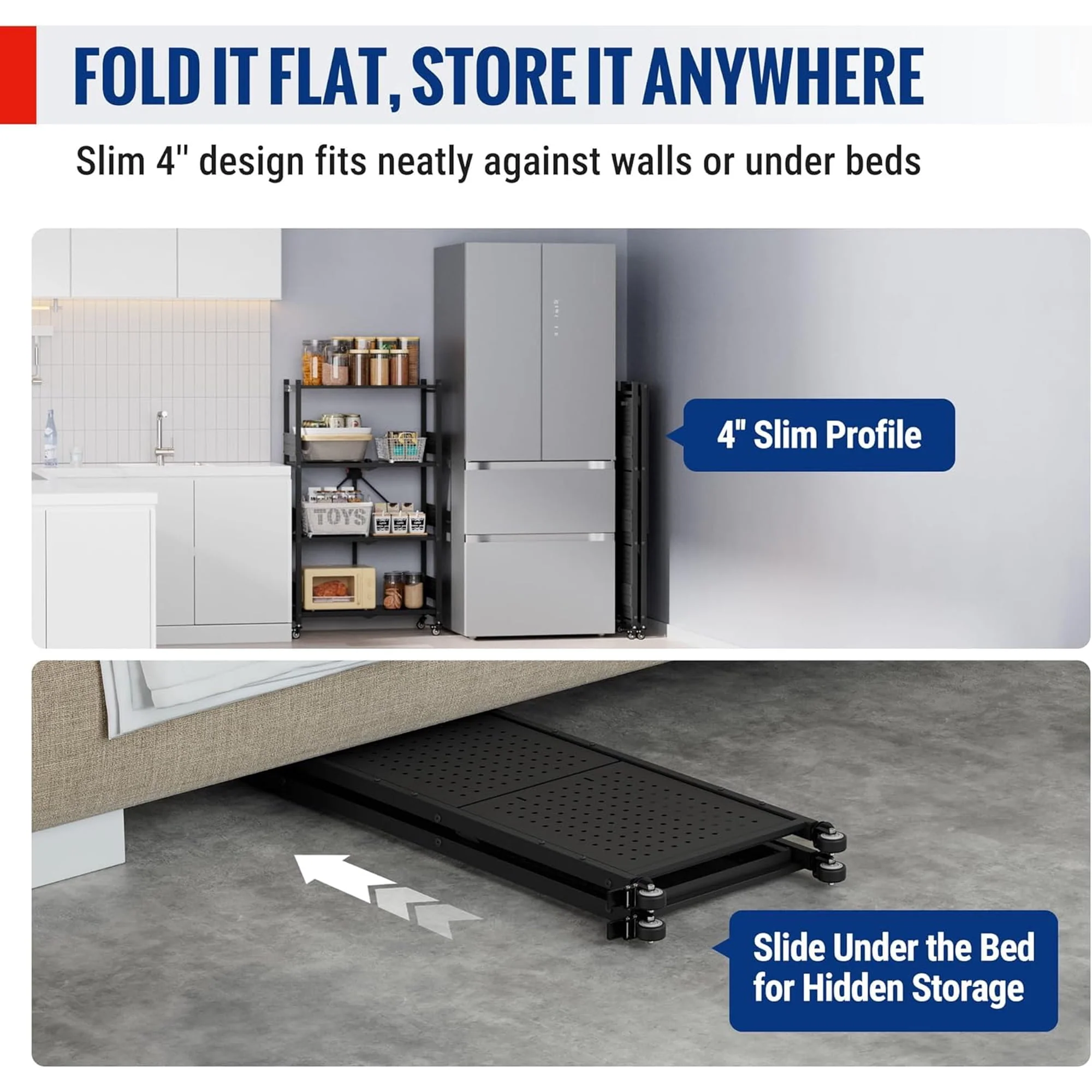 WORKPRO 4-Tier Folding Shelf, No-Assembly Metal Storage Rack with Wheels, 600 lbs Capacity (with Leveling Feet), Collapsible Shelving Unit for Kitchen, Pantry, Bathroom & Closet Organization - Image 6