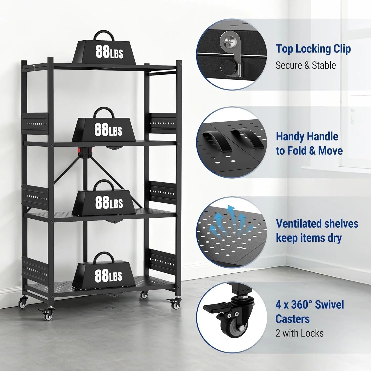 WORKPRO 4-Tier Folding Shelf, No-Assembly Metal Storage Rack with Wheels, 600 lbs Capacity (with Leveling Feet), Collapsible Shelving Unit for Kitchen, Pantry, Bathroom & Closet Organization - Image 7