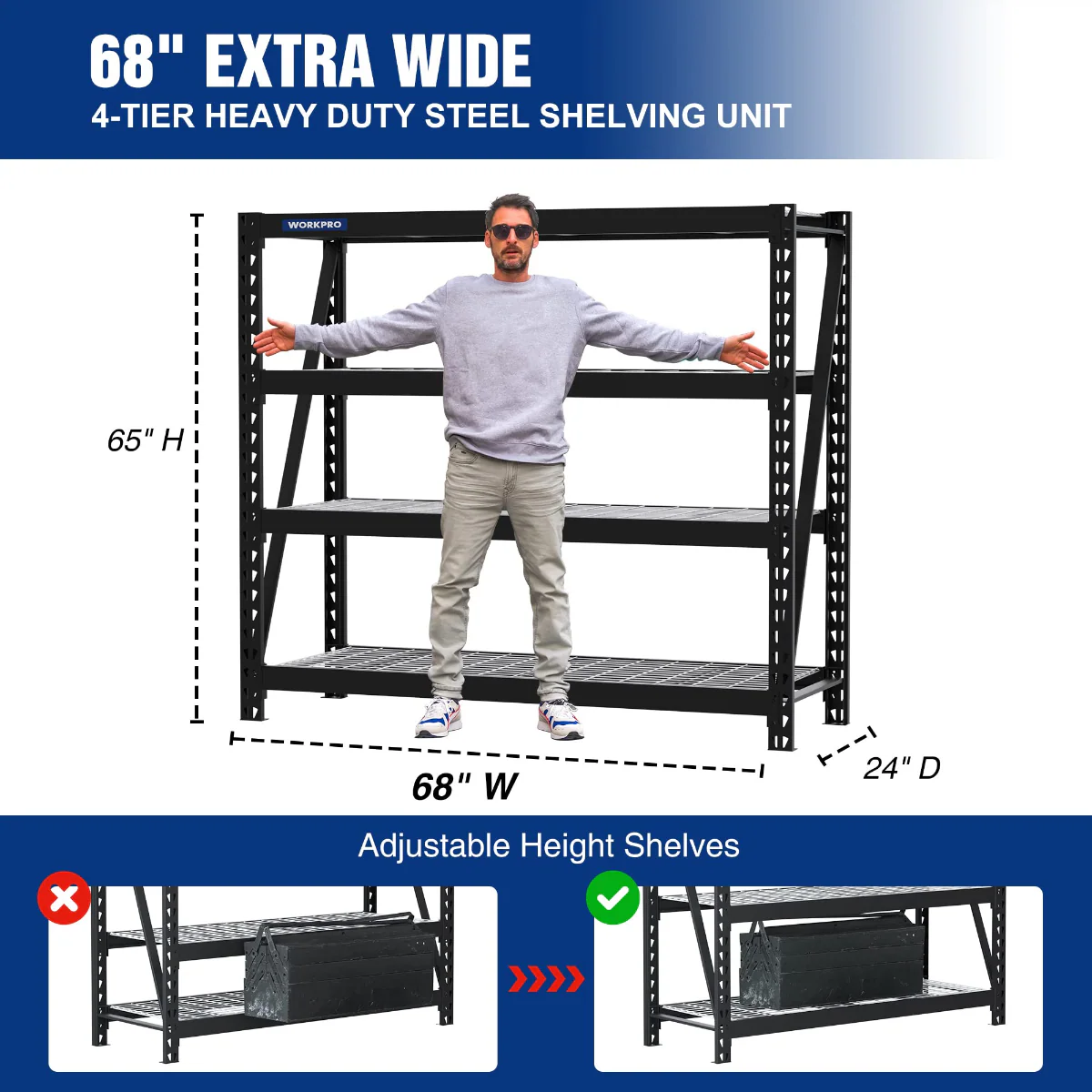 WORKPRO 4-Tier Metal Garage Shelving Unit, 68"W x 24"D x 65"H, 7200 LBS Capacity, Heavy Duty Industrial Adjustable Shelves - Image 4