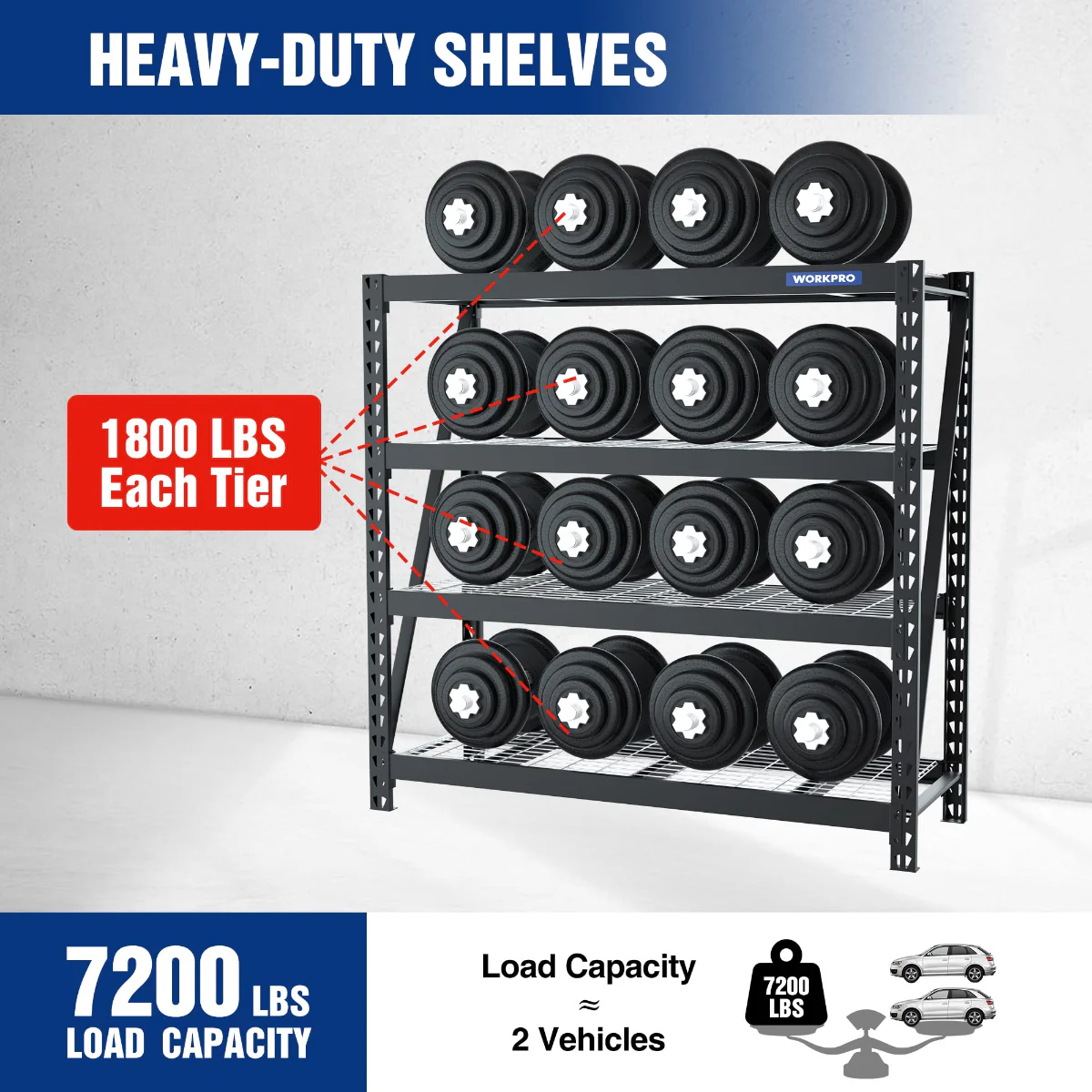 WORKPRO 4-Tier Metal Garage Shelving Unit, 68"W x 24"D x 65"H, 7200 LBS Capacity, Heavy Duty Industrial Adjustable Shelves - Image 5