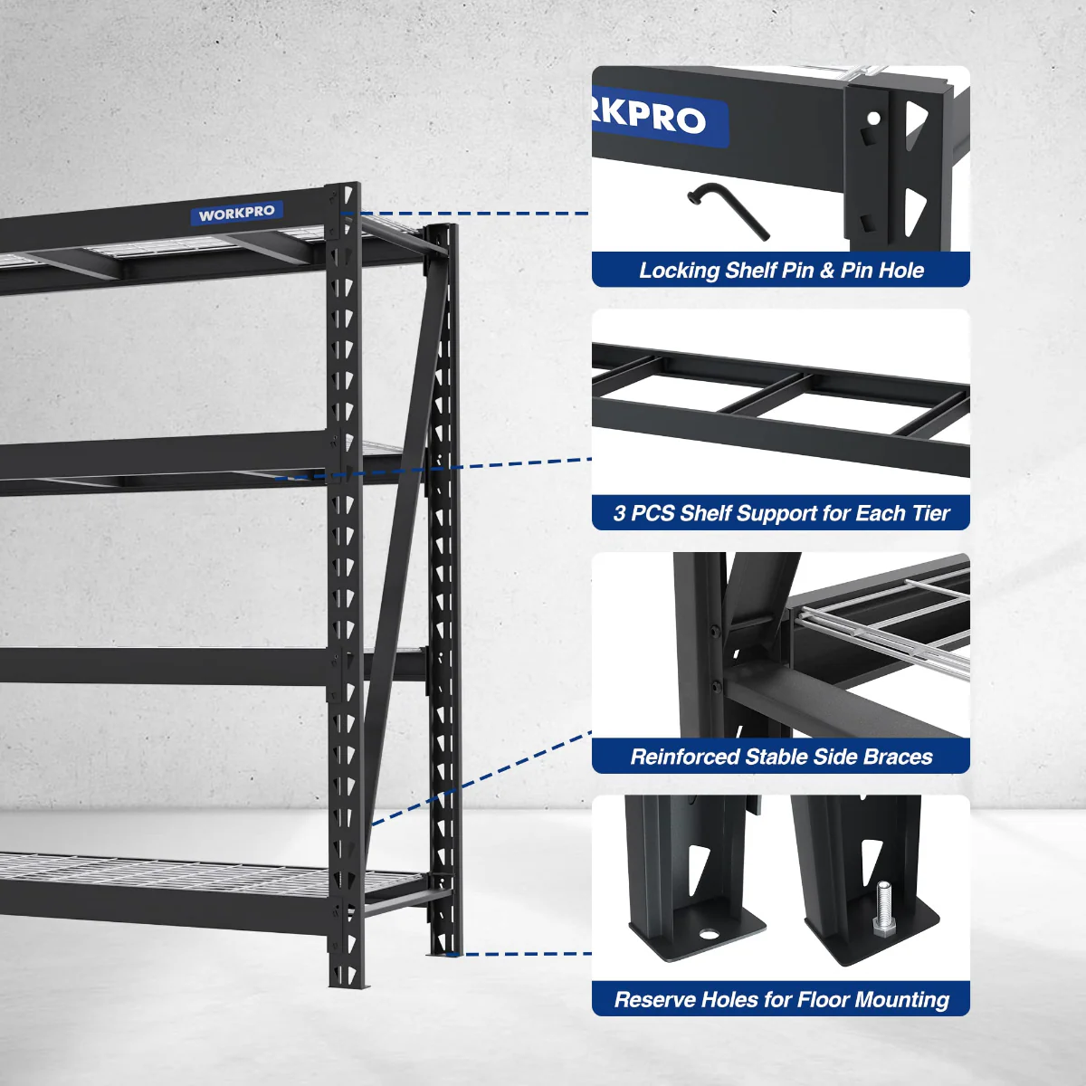 WORKPRO 4-Tier Metal Garage Shelving Unit, 68"W x 24"D x 65"H, 7200 LBS Capacity, Heavy Duty Industrial Adjustable Shelves - Image 7