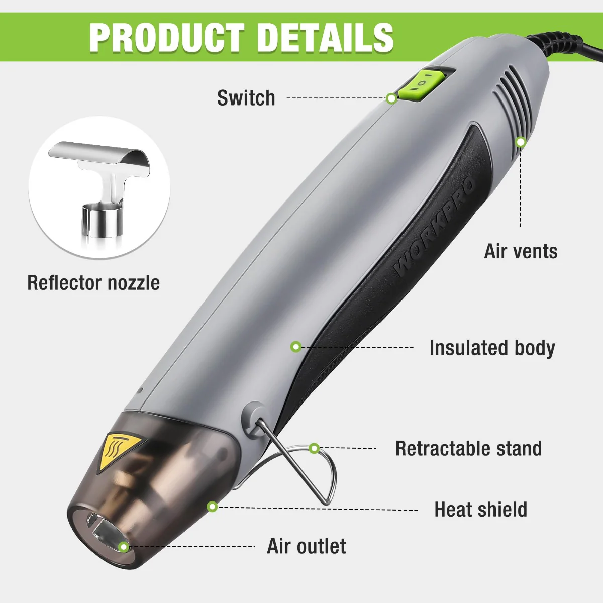 WORKPRO 400W Mini Hot Air Gun with Reflector Nozzle - Pink Ribbon - Image 11