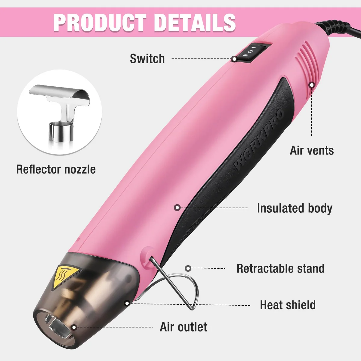 WORKPRO 400W Mini Hot Air Gun with Reflector Nozzle - Pink Ribbon - Image 3