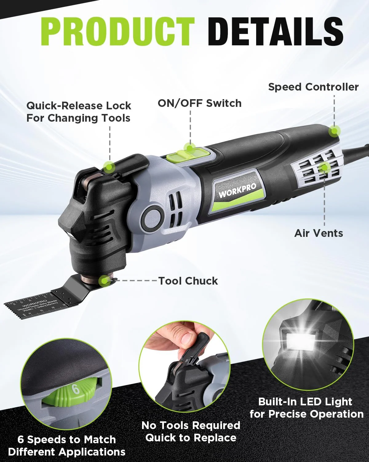 WORKPRO 400W Oscillating Multi-Tool, 6-Speed Corded Power Saw with LED Light, Quick Blade Change, 3.5° Oscillation Angle, 23 Accessories for Cutting, Sanding, Scraping - Image 2