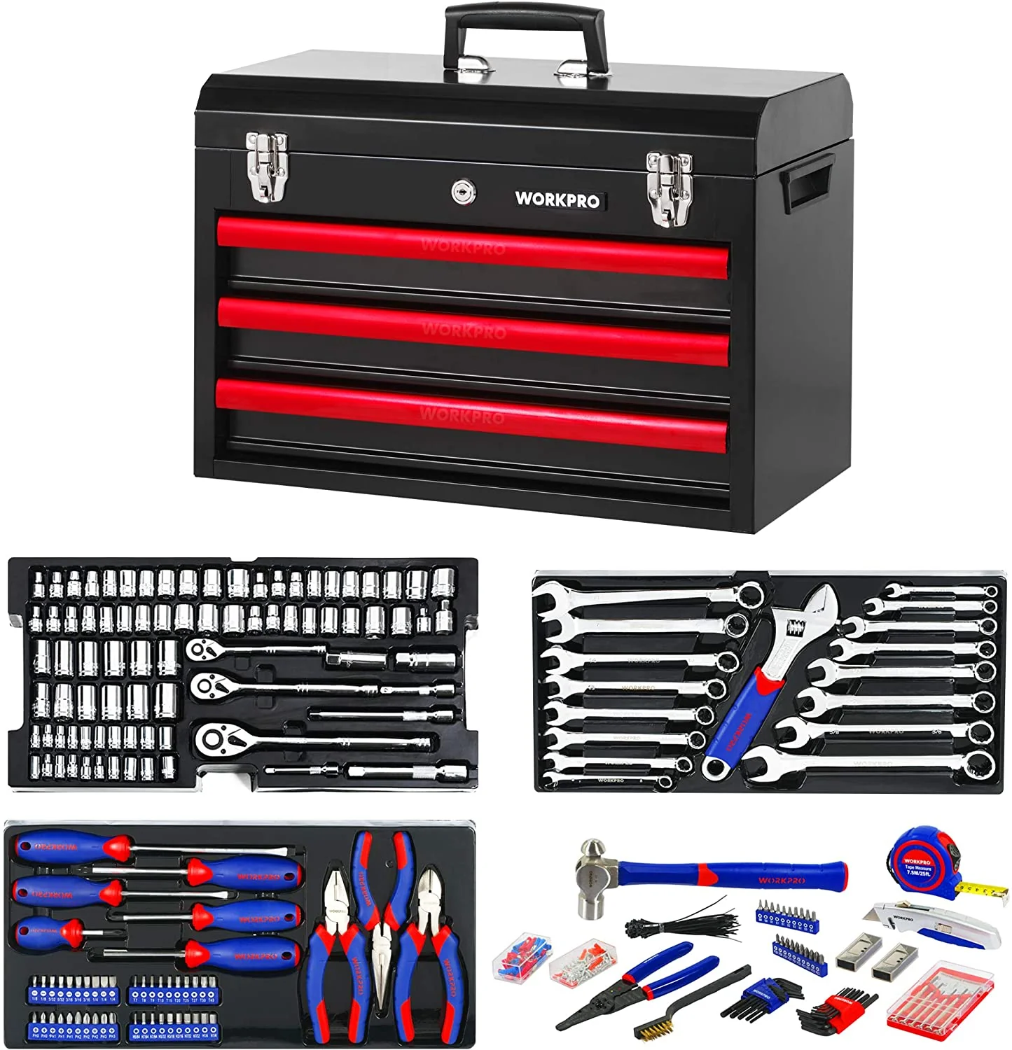 WORKPRO 408 Pcs Mechanics Tool Set with 3-Drawer Heavy Duty Metal Box - Image 2
