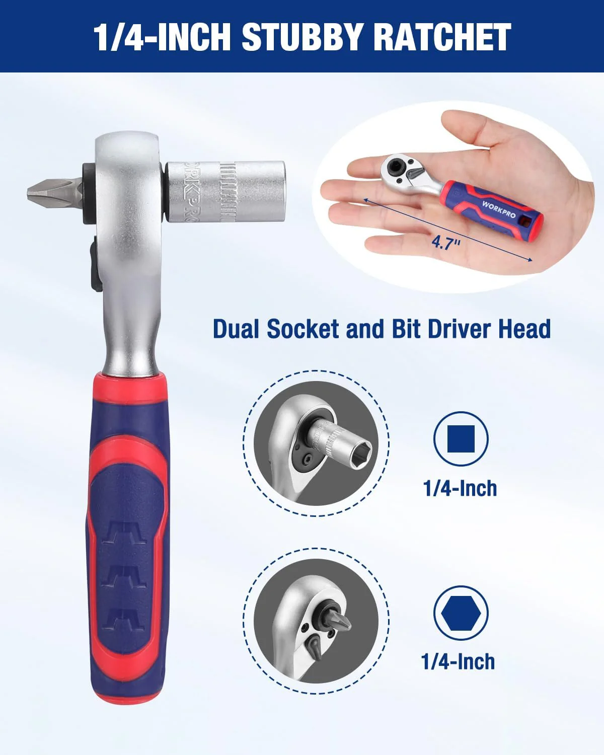 WORKPRO 42 PCS 1/4" Drive Mini Socket Ratchet Wrench Set, Right Angle Screwdriver Bit Set, Dual Socket & Bit Head Ratchet, Metric Sockets 4-13mm, Quick-Release Bit Holder, with Storage Case - Image 4
