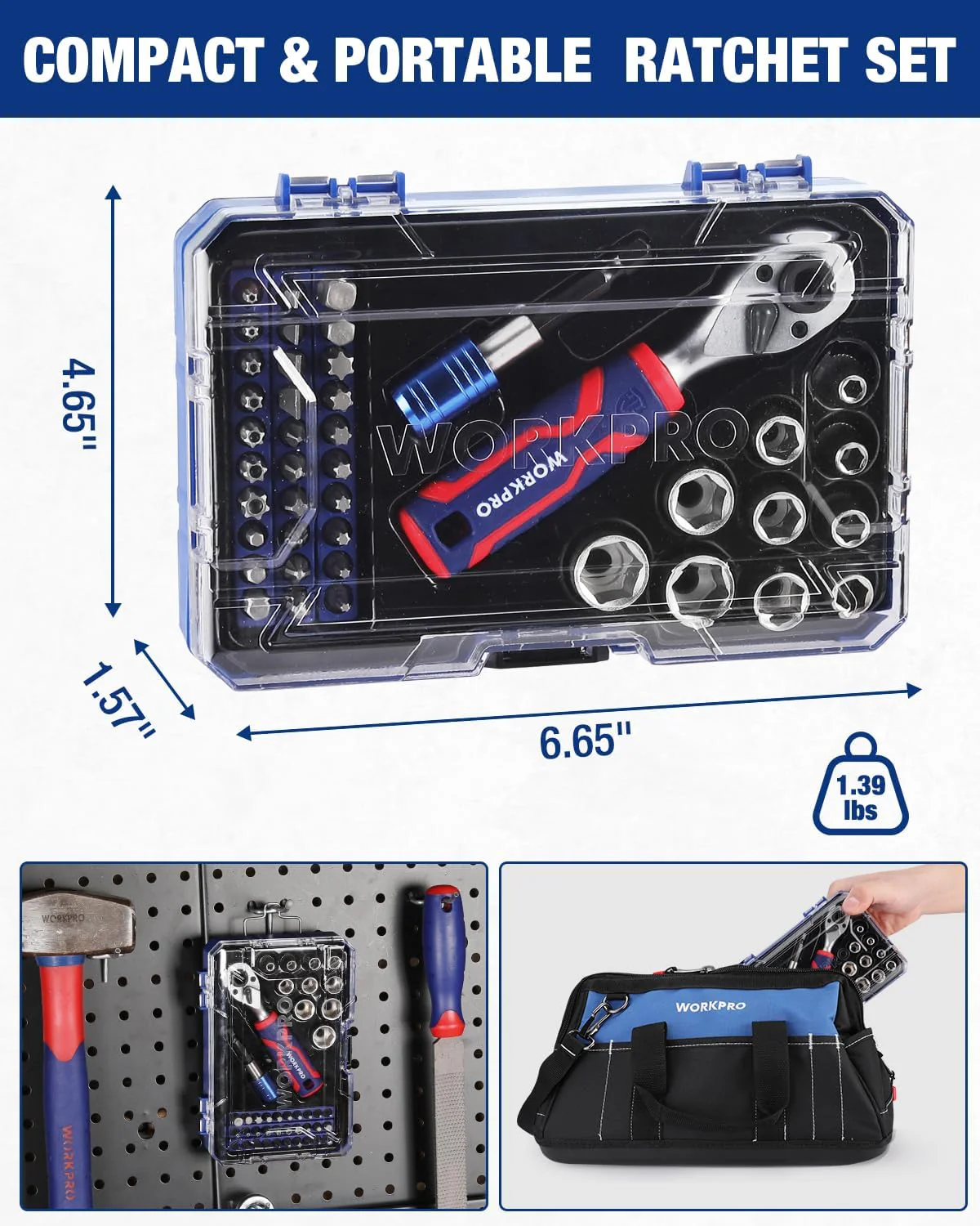 WORKPRO 42 PCS 1/4" Drive Mini Socket Ratchet Wrench Set, Right Angle Screwdriver Bit Set, Dual Socket & Bit Head Ratchet, Metric Sockets 4-13mm, Quick-Release Bit Holder, with Storage Case - Image 7