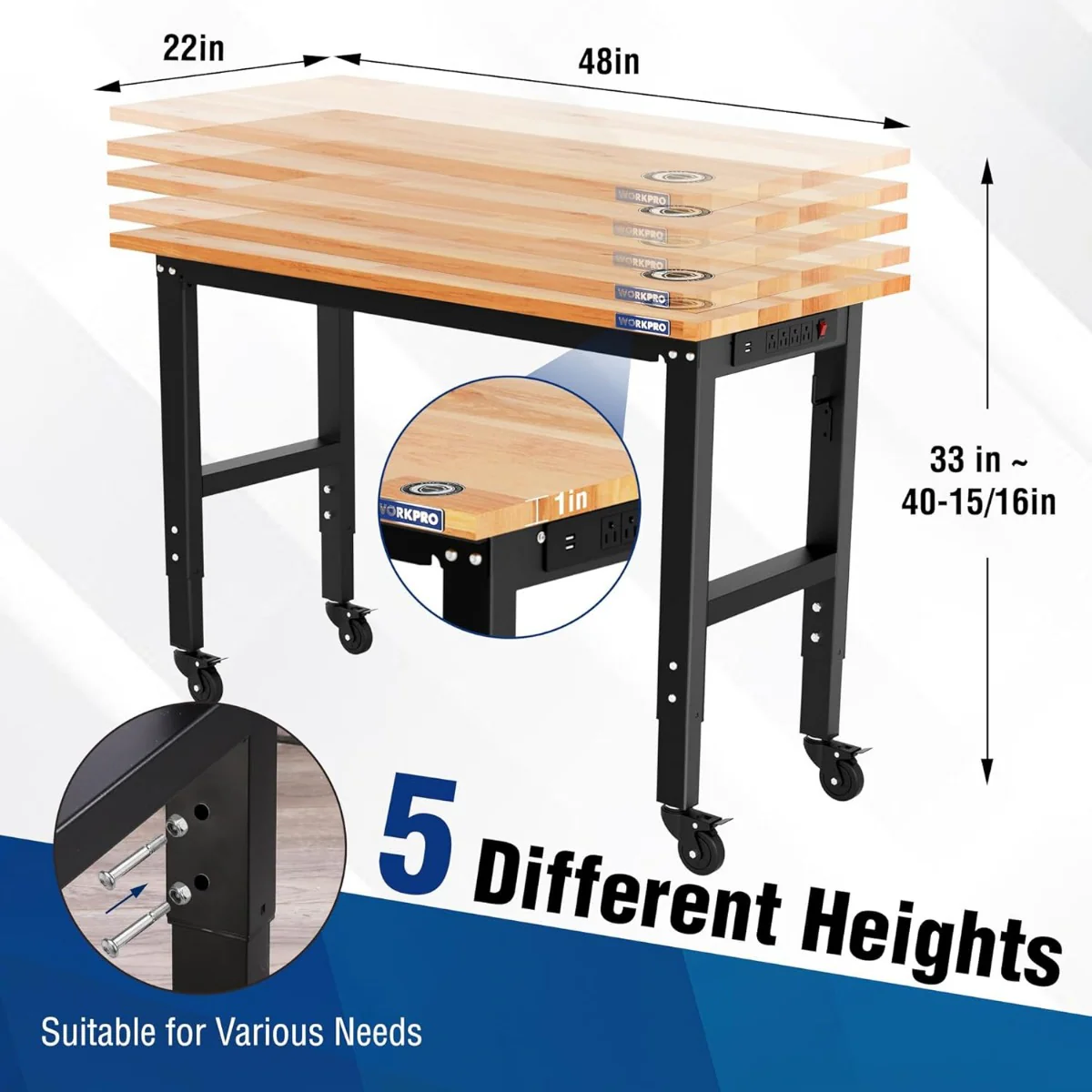 WORKPRO 48"X22" Adjustable Heavy-Duty Rubber Wood Top Workbench with Casters and Power Outlets, 1000 LBS Stationary Load Capacity - Image 3