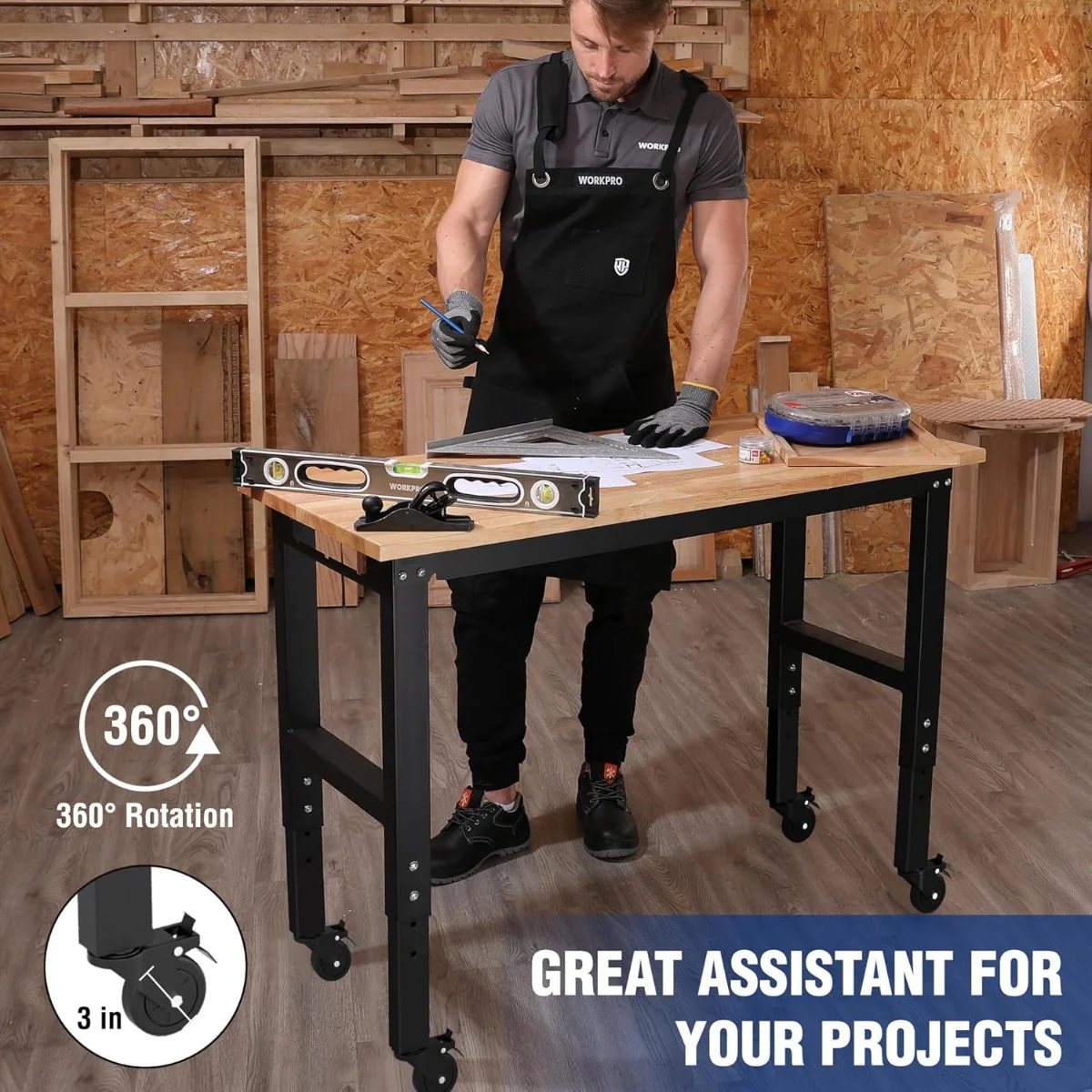 WORKPRO 48"X22" Adjustable Heavy-Duty Rubber Wood Top Workbench with Casters and Power Outlets, 1000 LBS Stationary Load Capacity - Image 4