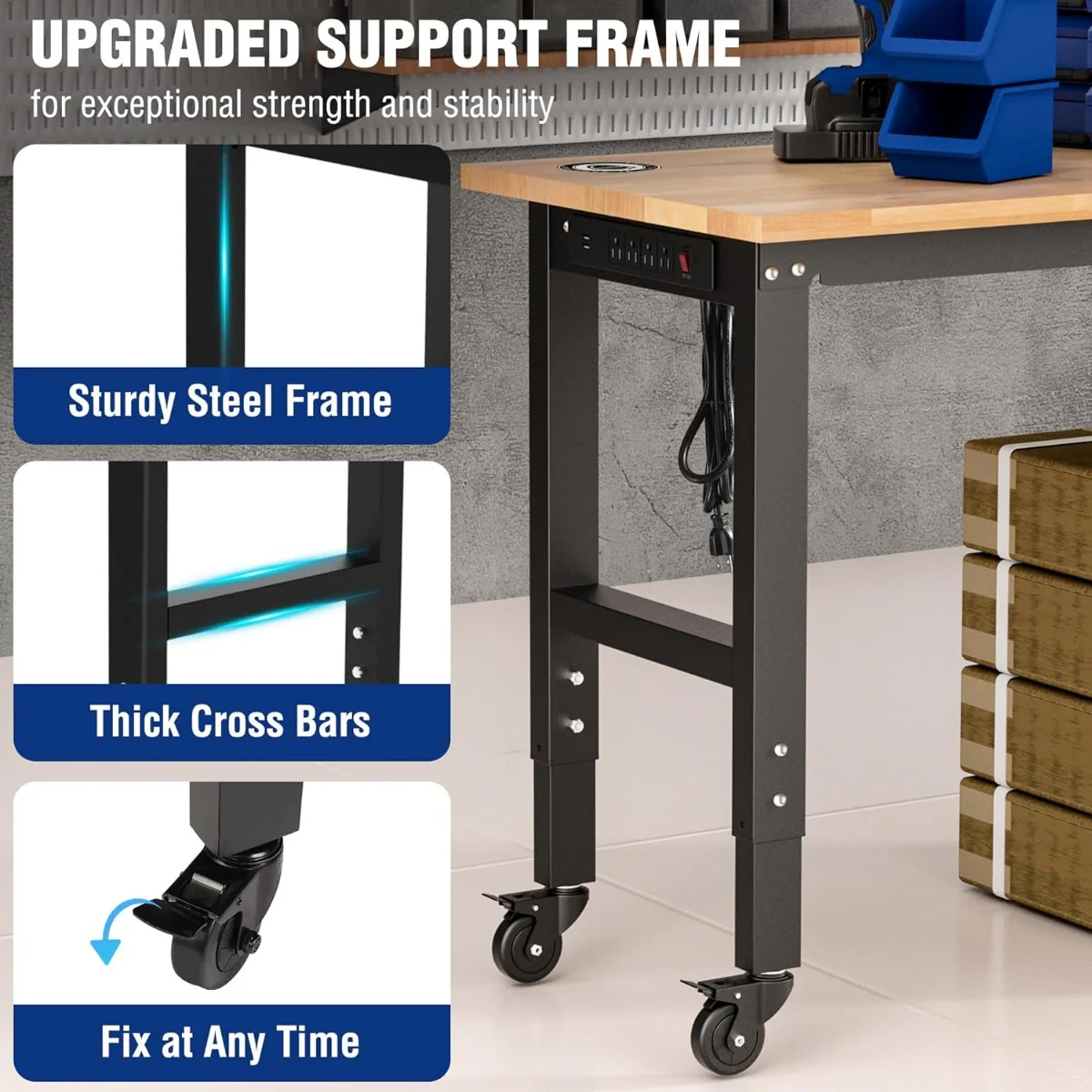 WORKPRO 48"X22" Adjustable Heavy-Duty Rubber Wood Top Workbench with Casters and Power Outlets, 1000 LBS Stationary Load Capacity - Image 5