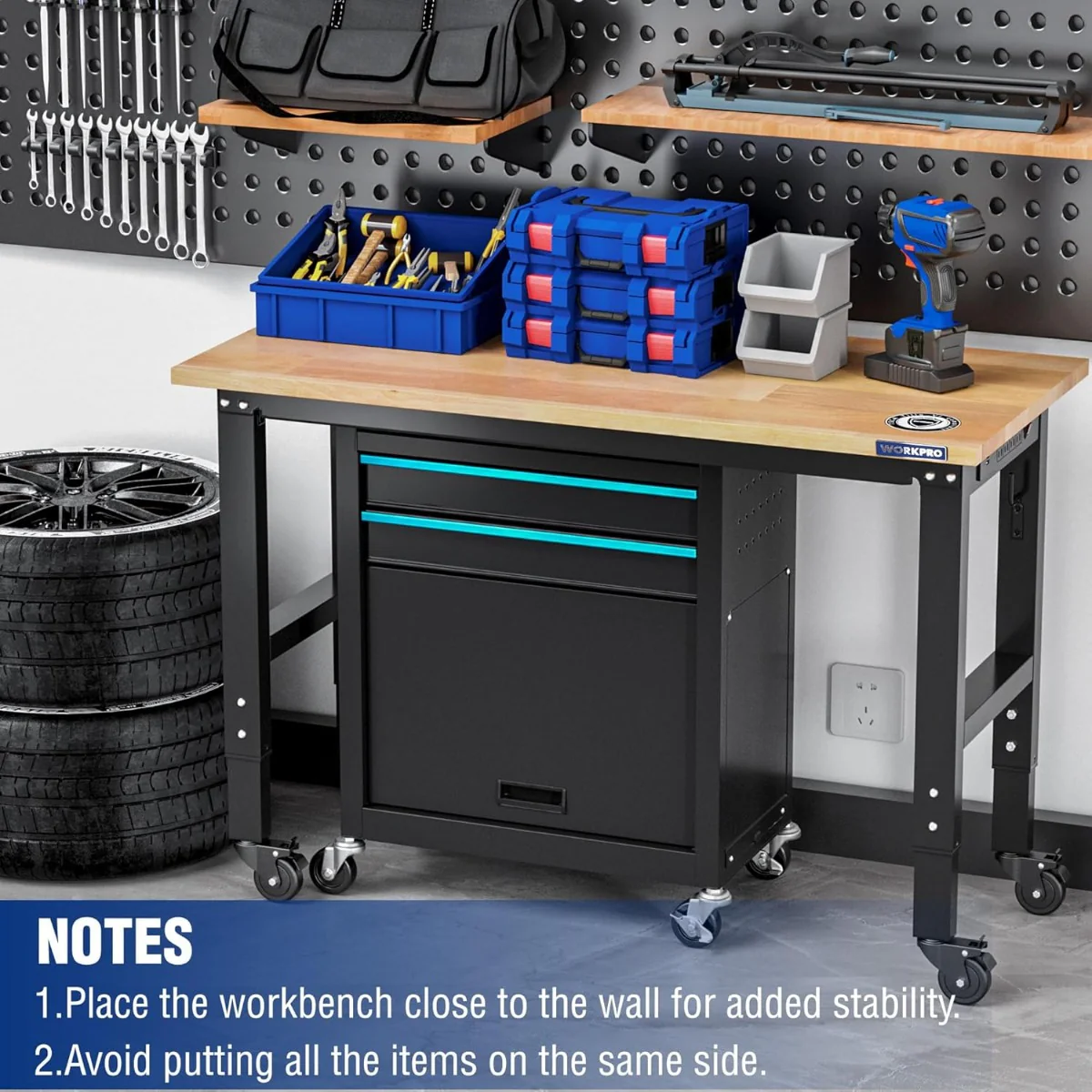 WORKPRO 48"X22" Adjustable Heavy-Duty Rubber Wood Top Workbench with Casters and Power Outlets, 1000 LBS Stationary Load Capacity - Image 6