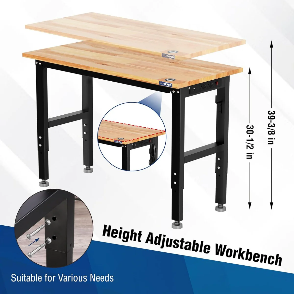 WORKPRO 48"X22" Adjustable Rubber Wood Top Workbench with Casters, Leveling Foot and Power Outlets, 1500 LBS Load Capacity - Image 3
