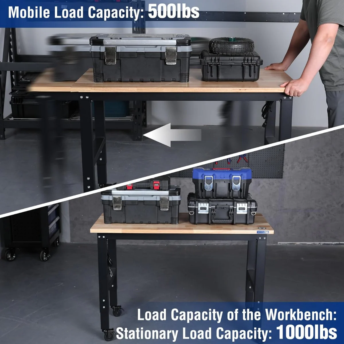 WORKPRO 48"X22" Adjustable Rubber Wood Top Workbench with Casters, Leveling Foot and Power Outlets, 1500 LBS Load Capacity - Image 4