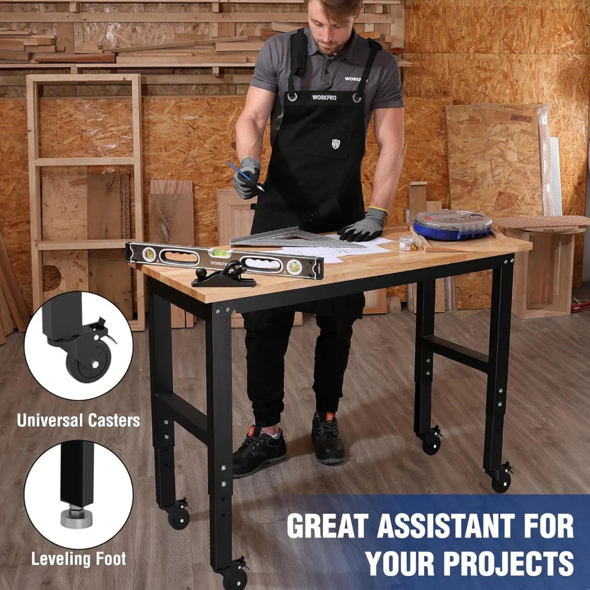 WORKPRO 48"X22" Adjustable Rubber Wood Top Workbench with Casters, Leveling Foot and Power Outlets, 1500 LBS Load Capacity - Image 6