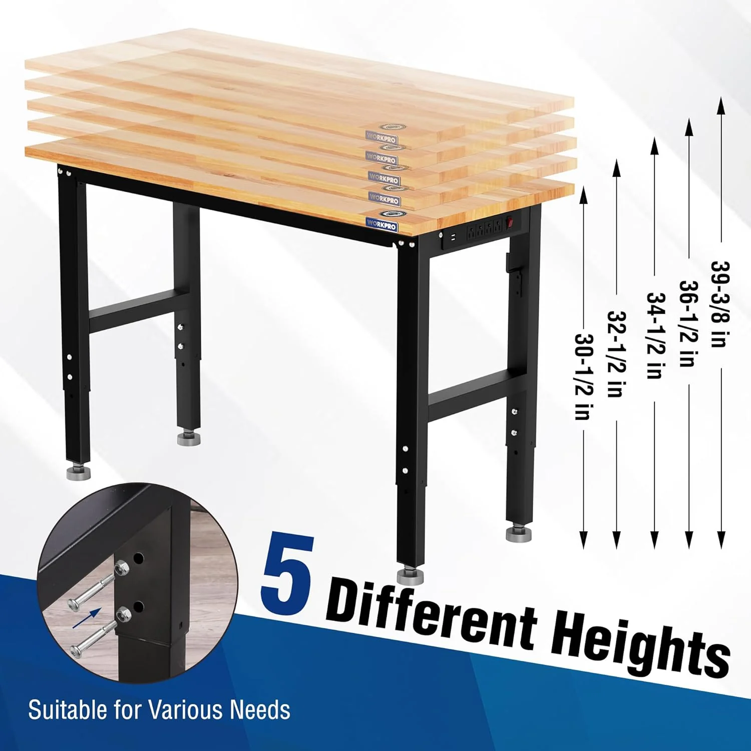 WORKPRO 48"x22" Adjustable Workbench 1500 LBS Load Capacity Hardwood Worktable with Power Outlets, Leveling Foot - Image 6