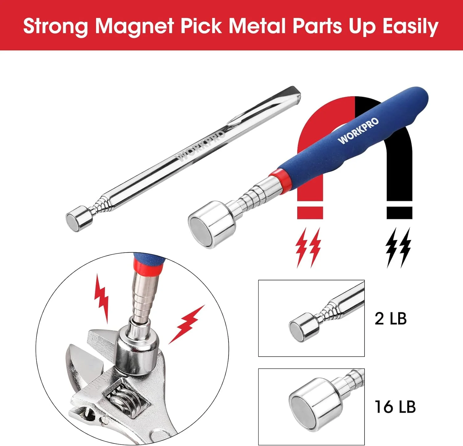 WORKPRO 4PC Telescoping Magnetic Pick Up Tool Kit, Includes Telescoping Inspection Mirror, 2PC Magnetic Pick Up Tool And Four Claw Grabber Tool, Pick Up Grab Tool Set For Auto Repair - Image 2
