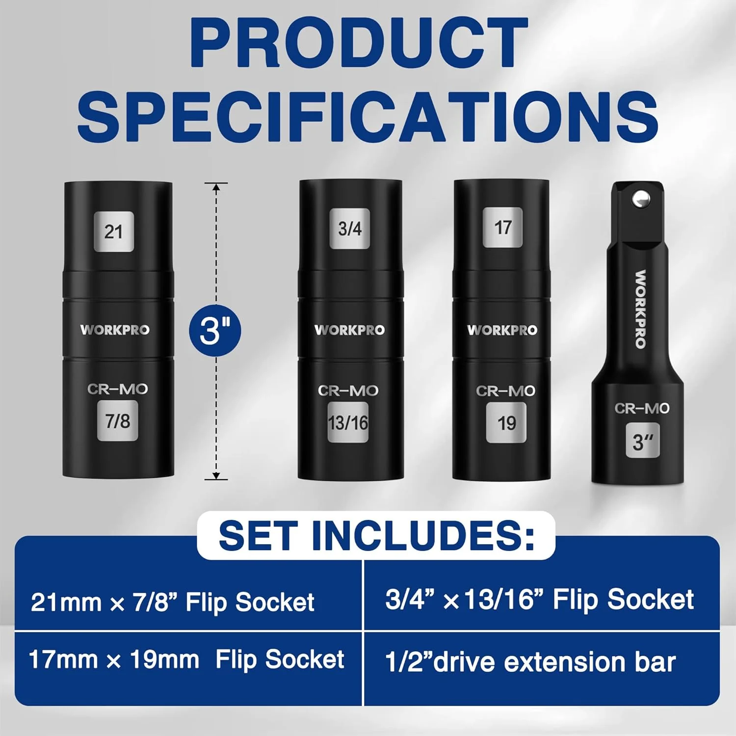 WORKPRO 4PCS Impact Socket Set 1/2" Drive, Lug Nut Socket Set, Wheel Socket Set Cr-Mo Steel, Includes 1PC 3" Extension Bar & 3PCS Flip Sockets of 6 Metric and SAE Sizes - Image 2
