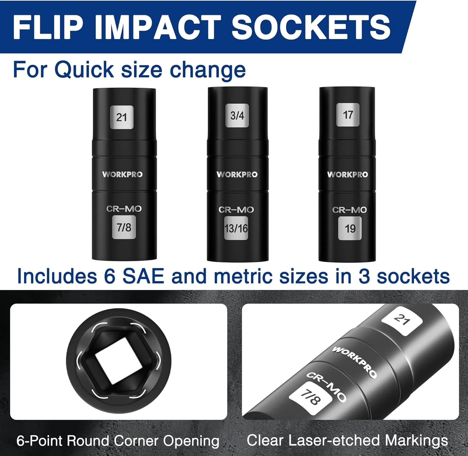 WORKPRO 4PCS Impact Socket Set 1/2" Drive, Lug Nut Socket Set, Wheel Socket Set Cr-Mo Steel, Includes 1PC 3" Extension Bar & 3PCS Flip Sockets of 6 Metric and SAE Sizes - Image 3