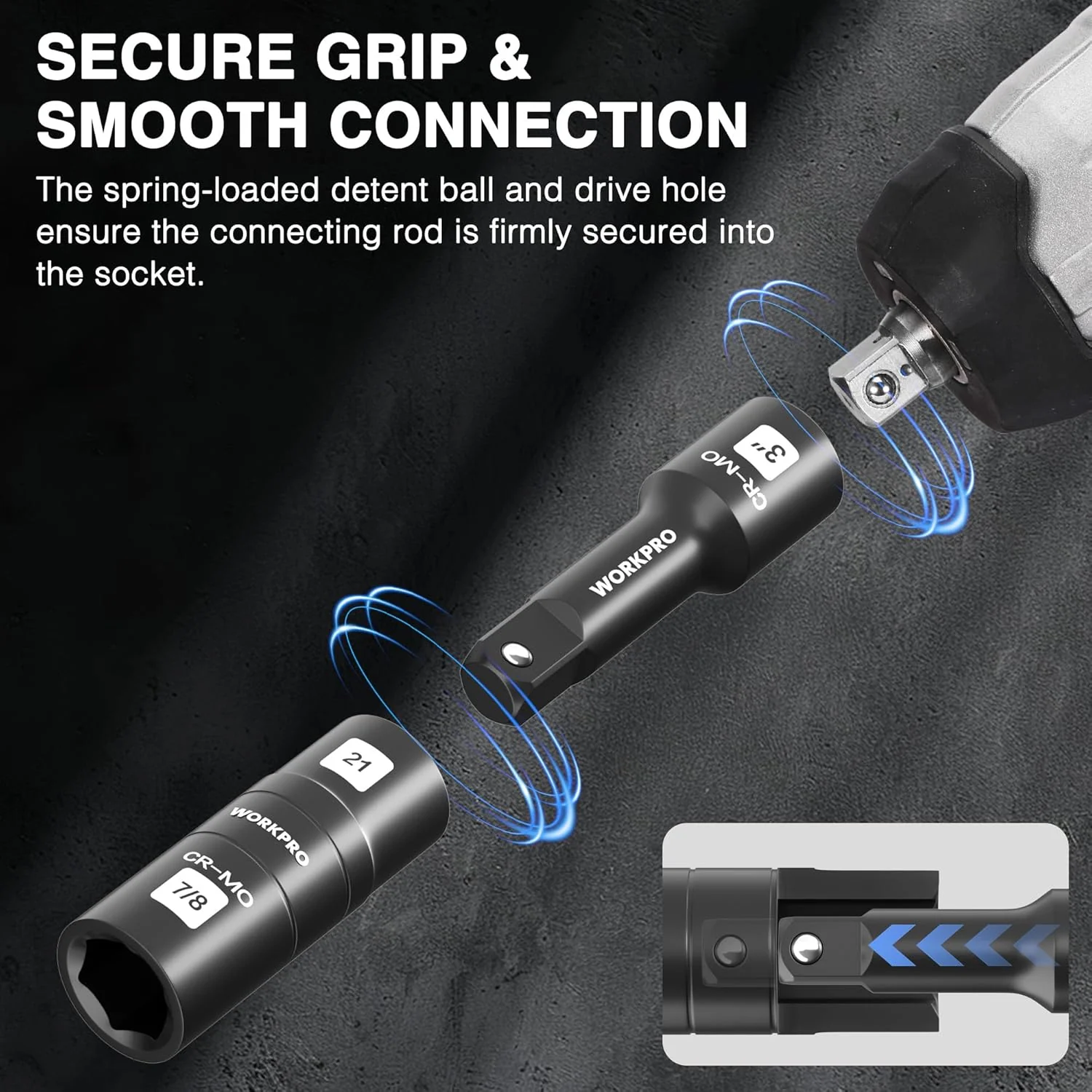 WORKPRO 4PCS Impact Socket Set 1/2" Drive, Lug Nut Socket Set, Wheel Socket Set Cr-Mo Steel, Includes 1PC 3" Extension Bar & 3PCS Flip Sockets of 6 Metric and SAE Sizes - Image 4