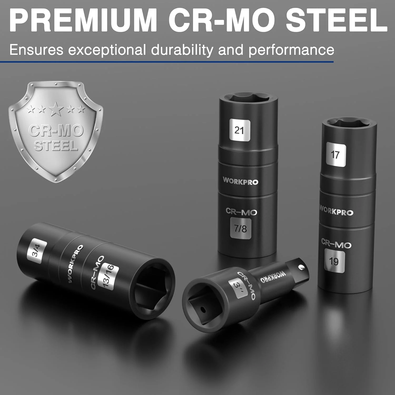 WORKPRO 4PCS Impact Socket Set 1/2" Drive, Lug Nut Socket Set, Wheel Socket Set Cr-Mo Steel, Includes 1PC 3" Extension Bar & 3PCS Flip Sockets of 6 Metric and SAE Sizes - Image 5