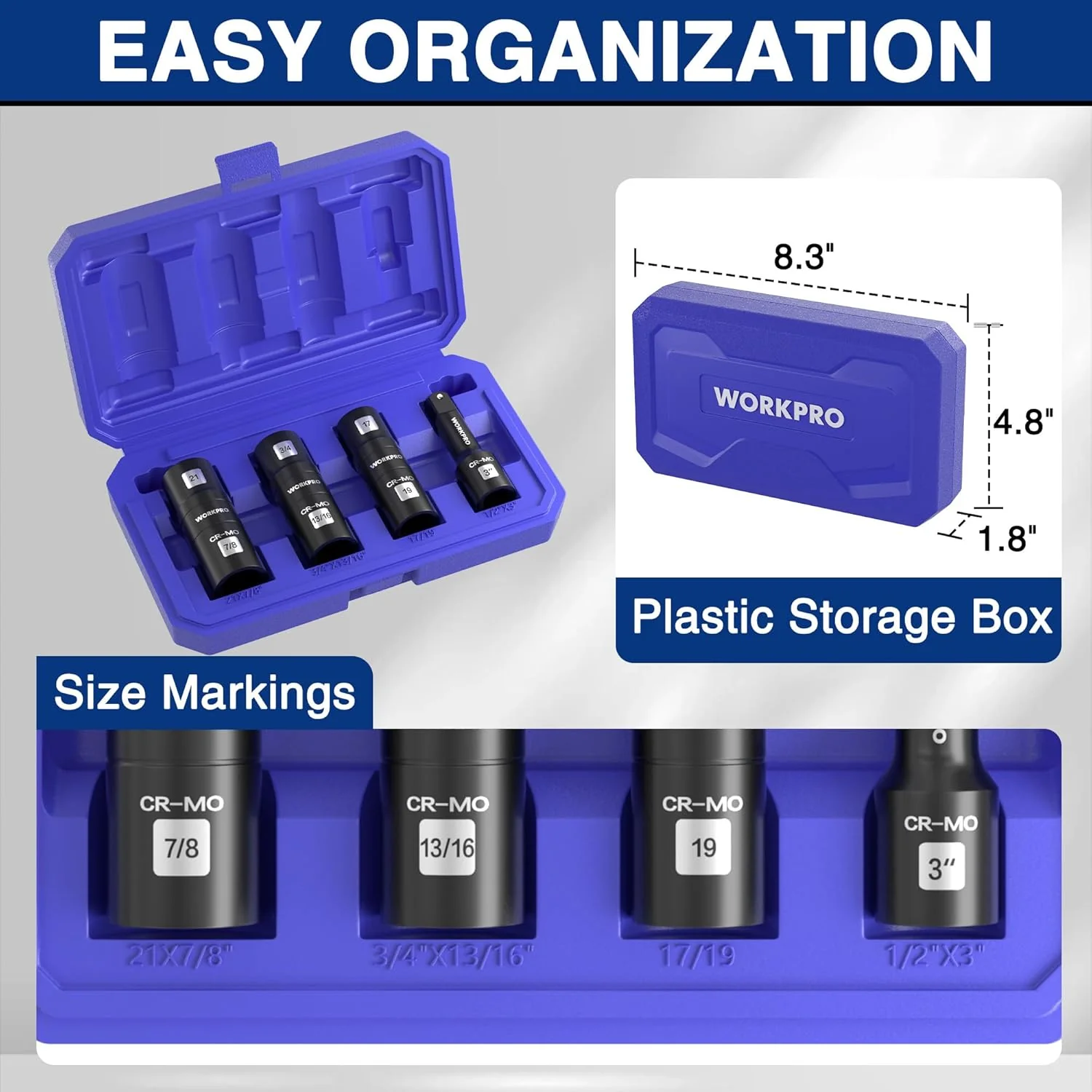 WORKPRO 4PCS Impact Socket Set 1/2" Drive, Lug Nut Socket Set, Wheel Socket Set Cr-Mo Steel, Includes 1PC 3" Extension Bar & 3PCS Flip Sockets of 6 Metric and SAE Sizes - Image 6