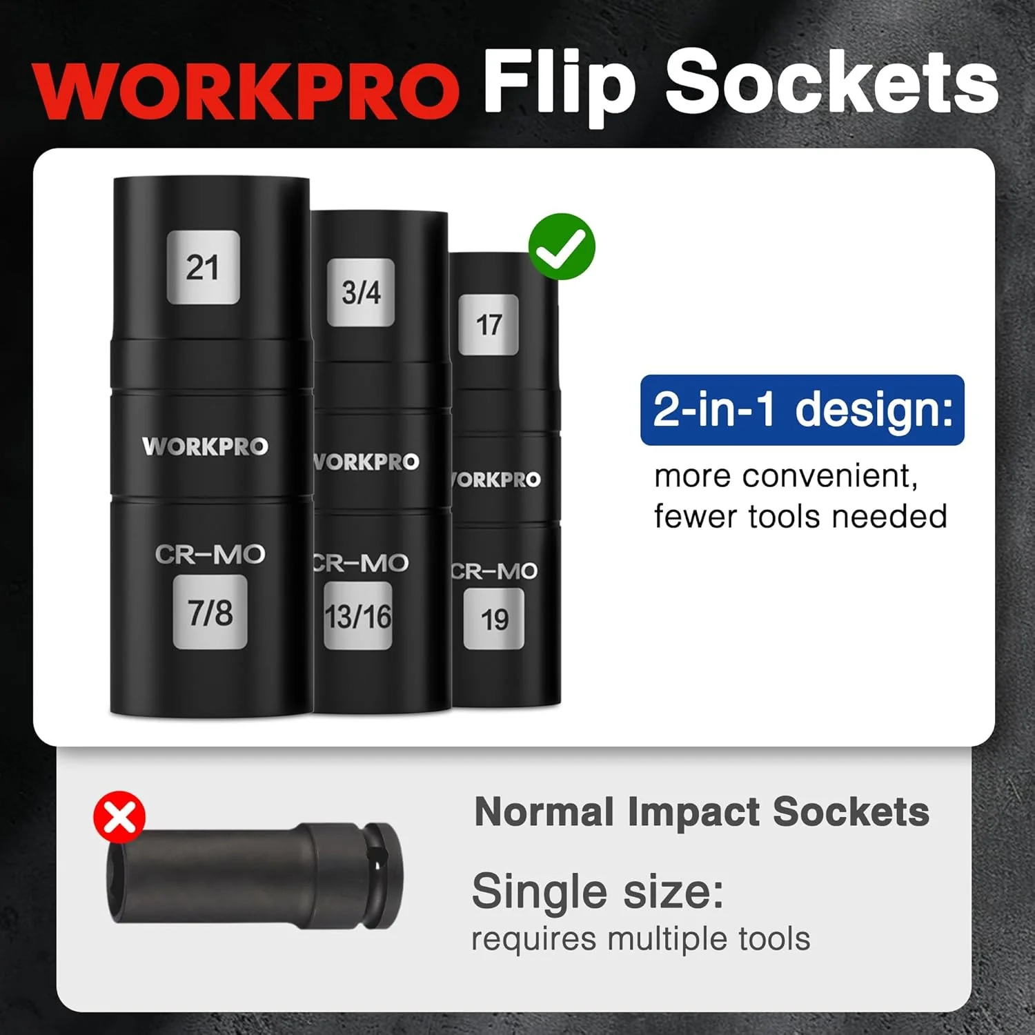 WORKPRO 4PCS Impact Socket Set 1/2" Drive, Lug Nut Socket Set, Wheel Socket Set Cr-Mo Steel, Includes 1PC 3" Extension Bar & 3PCS Flip Sockets of 6 Metric and SAE Sizes - Image 7