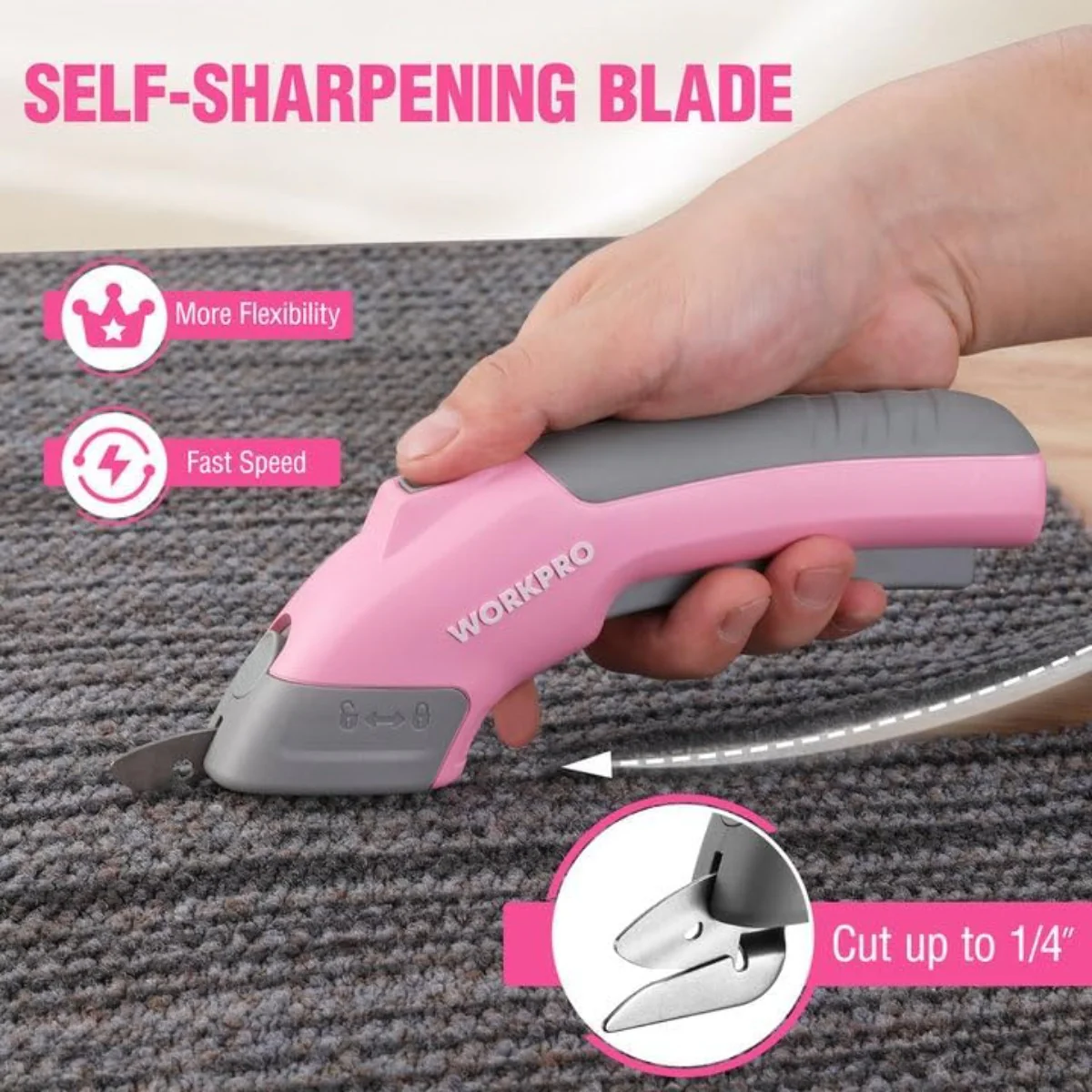 WORKPRO 4V Rechargeable Cordless Electric Scissors With Storage Case & 2 blades - Pink Ribbon - Image 2