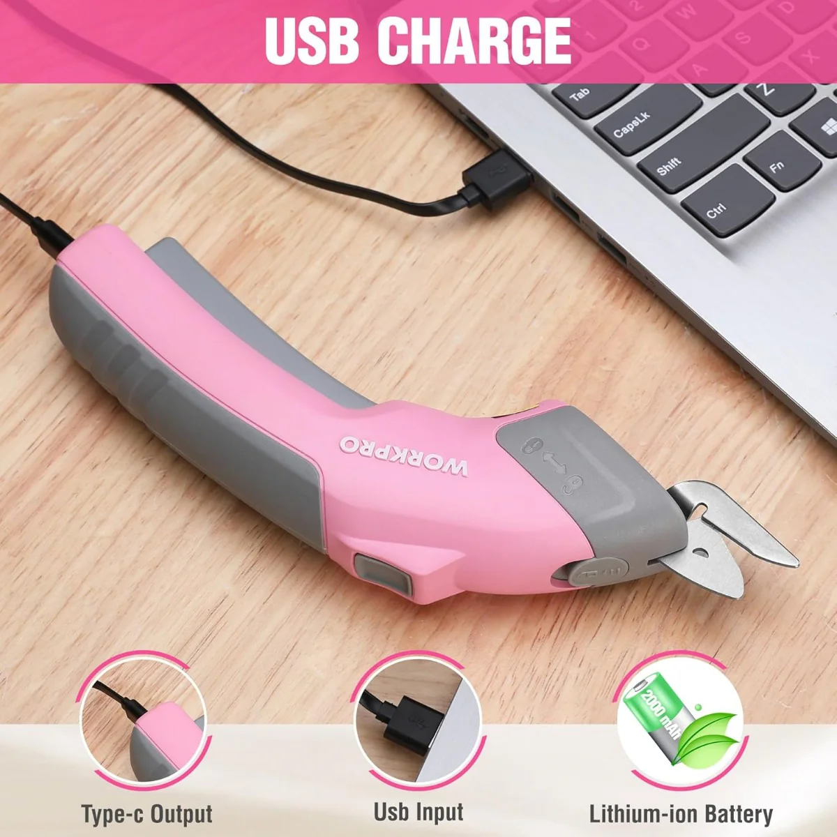 WORKPRO 4V Rechargeable Cordless Electric Scissors With Storage Case & 2 blades - Pink Ribbon - Image 5