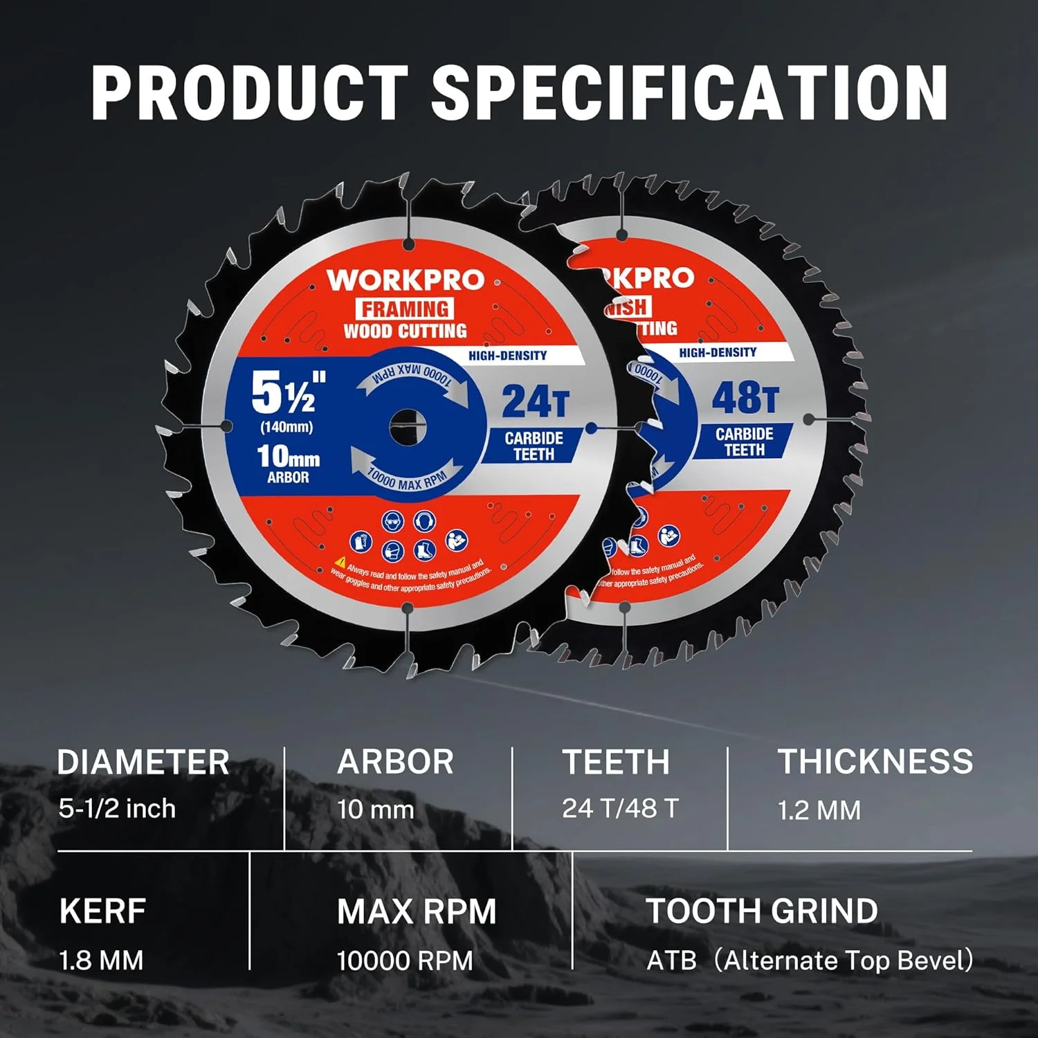 WORKPRO 5-1/2 Inch Woodworking Circular Saw Blades, 24T/48T Framing & Finish Combo, Thin Kerf, Carbide Tipped, ATB Tooth, 2-Pack - Image 3