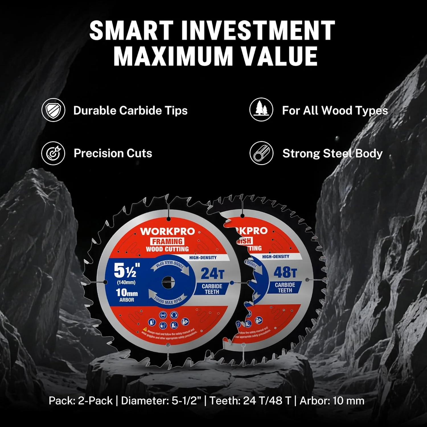 WORKPRO 5-1/2 Inch Woodworking Circular Saw Blades, 24T/48T Framing & Finish Combo, Thin Kerf, Carbide Tipped, ATB Tooth, 2-Pack - Image 9