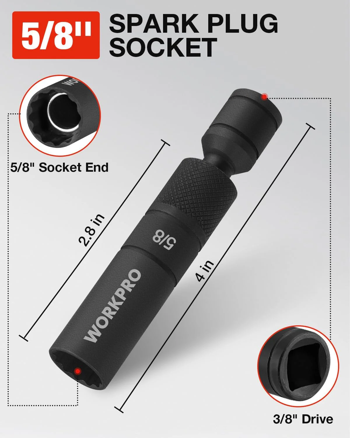 WORKPRO 5/8" Swivel Magnetic Spark Plug Socket 12-Point, 1mm Thin Wall, 360 Swivel, 3/8" Drive x 4", Black Phosphate Finish, Anti-Slip Knurled Grip - Image 2