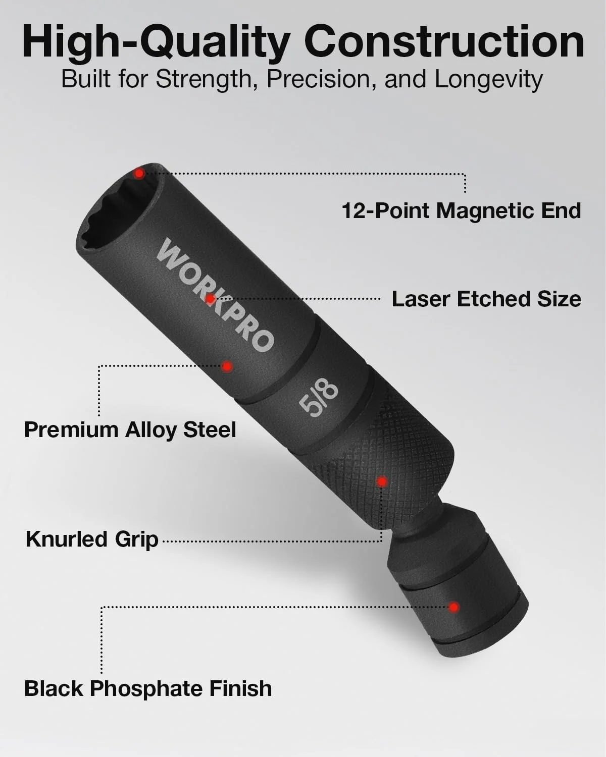 WORKPRO 5/8" Swivel Magnetic Spark Plug Socket 12-Point, 1mm Thin Wall, 360 Swivel, 3/8" Drive x 4", Black Phosphate Finish, Anti-Slip Knurled Grip - Image 3