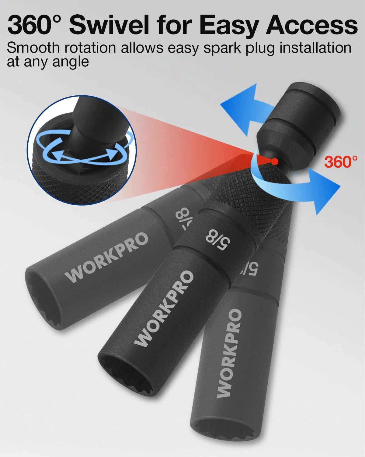 WORKPRO 5/8" Swivel Magnetic Spark Plug Socket 12-Point, 1mm Thin Wall, 360 Swivel, 3/8" Drive x 4", Black Phosphate Finish, Anti-Slip Knurled Grip - Image 5
