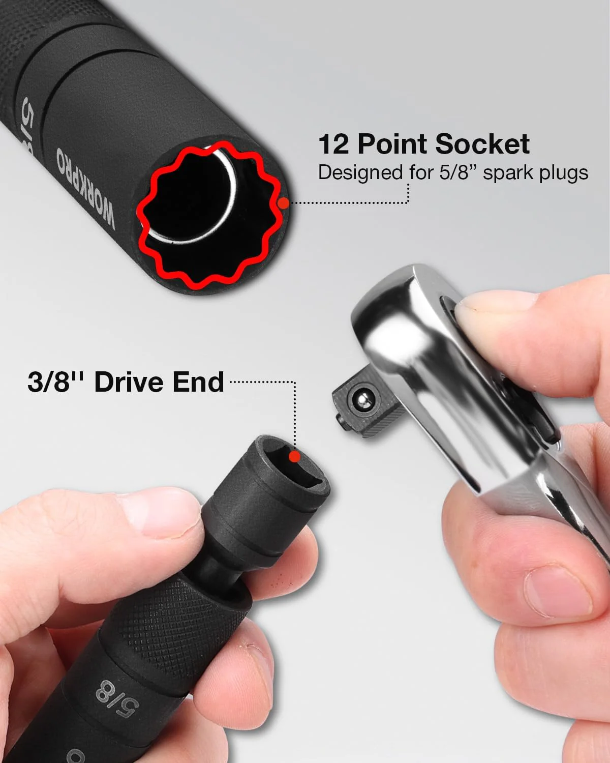 WORKPRO 5/8" Swivel Magnetic Spark Plug Socket 12-Point, 1mm Thin Wall, 360 Swivel, 3/8" Drive x 4", Black Phosphate Finish, Anti-Slip Knurled Grip - Image 7