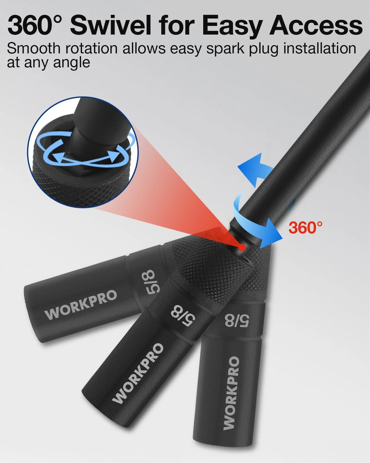 WORKPRO 5/8" Swivel Magnetic Spark Plug Socket - 12-Point, 1mm Thin Wall, 360 Swivel, 3/8" Drive x 8", Black Phosphate Finish, Anti-Slip Knurled Grip - Image 2