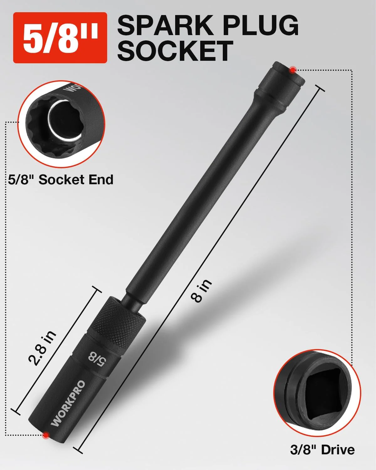 WORKPRO 5/8" Swivel Magnetic Spark Plug Socket - 12-Point, 1mm Thin Wall, 360 Swivel, 3/8" Drive x 8", Black Phosphate Finish, Anti-Slip Knurled Grip - Image 4