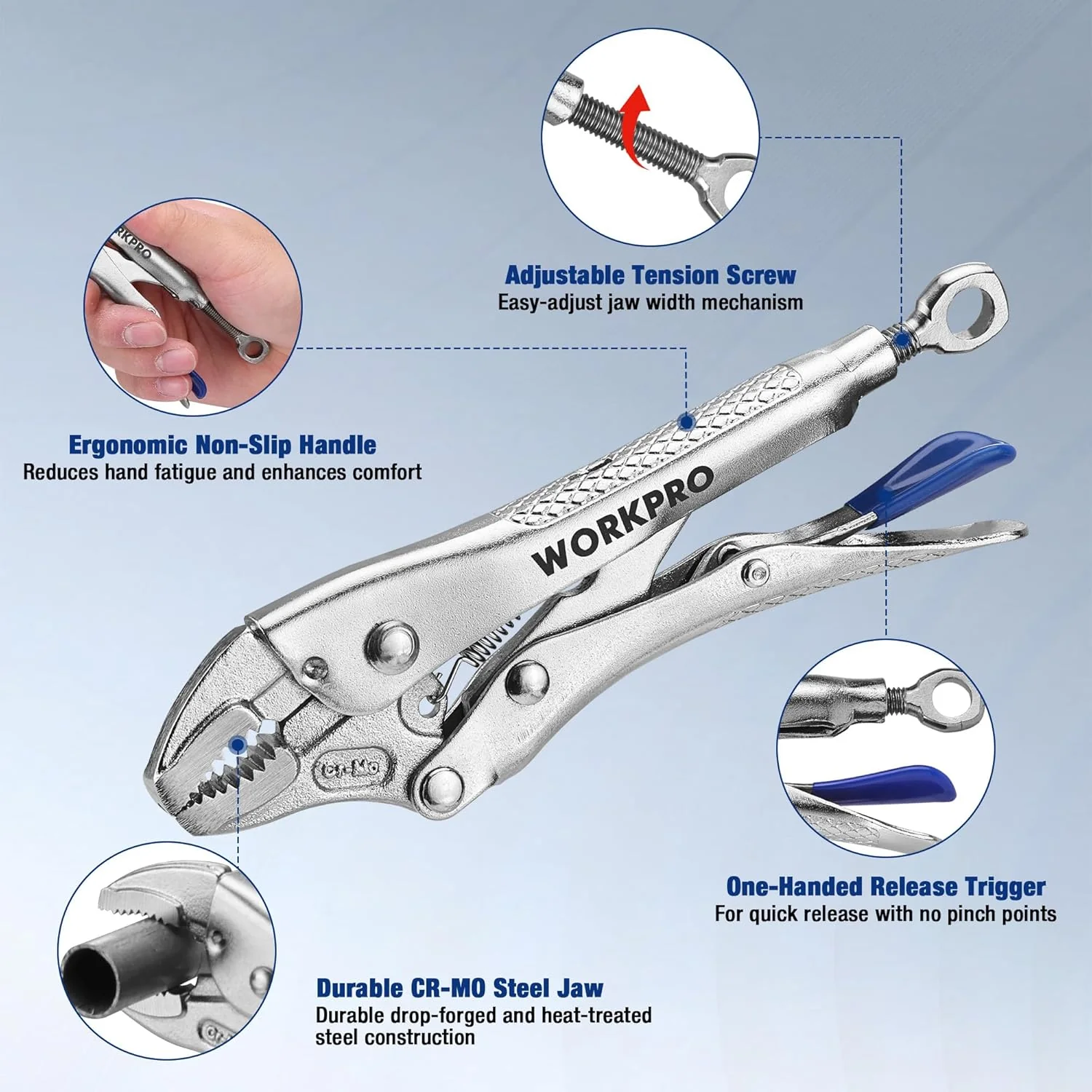 WORKPRO 5" Curved Jaw Locking Pliers with Screw Extractor, CR-MO Steel Construction with Perforated Screw, Multipurpose Clamping Tool for Automotive, Welding, and Home DIY - Image 2