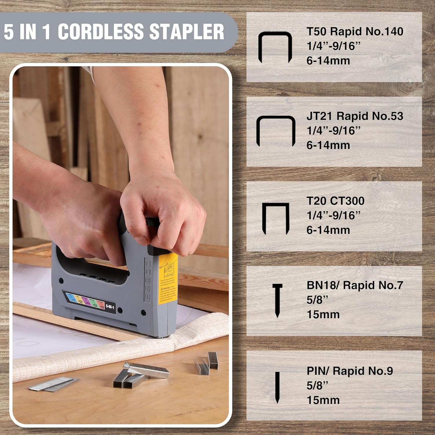 WORKPRO 5 in 1 Cordless Staple Gun, 3.6V Rechargeable Electric Stapler with 2000 Staples and Nails, Upholstery Staple Gun for Wood, Furniture, Office, and DIY Projects - Image 3