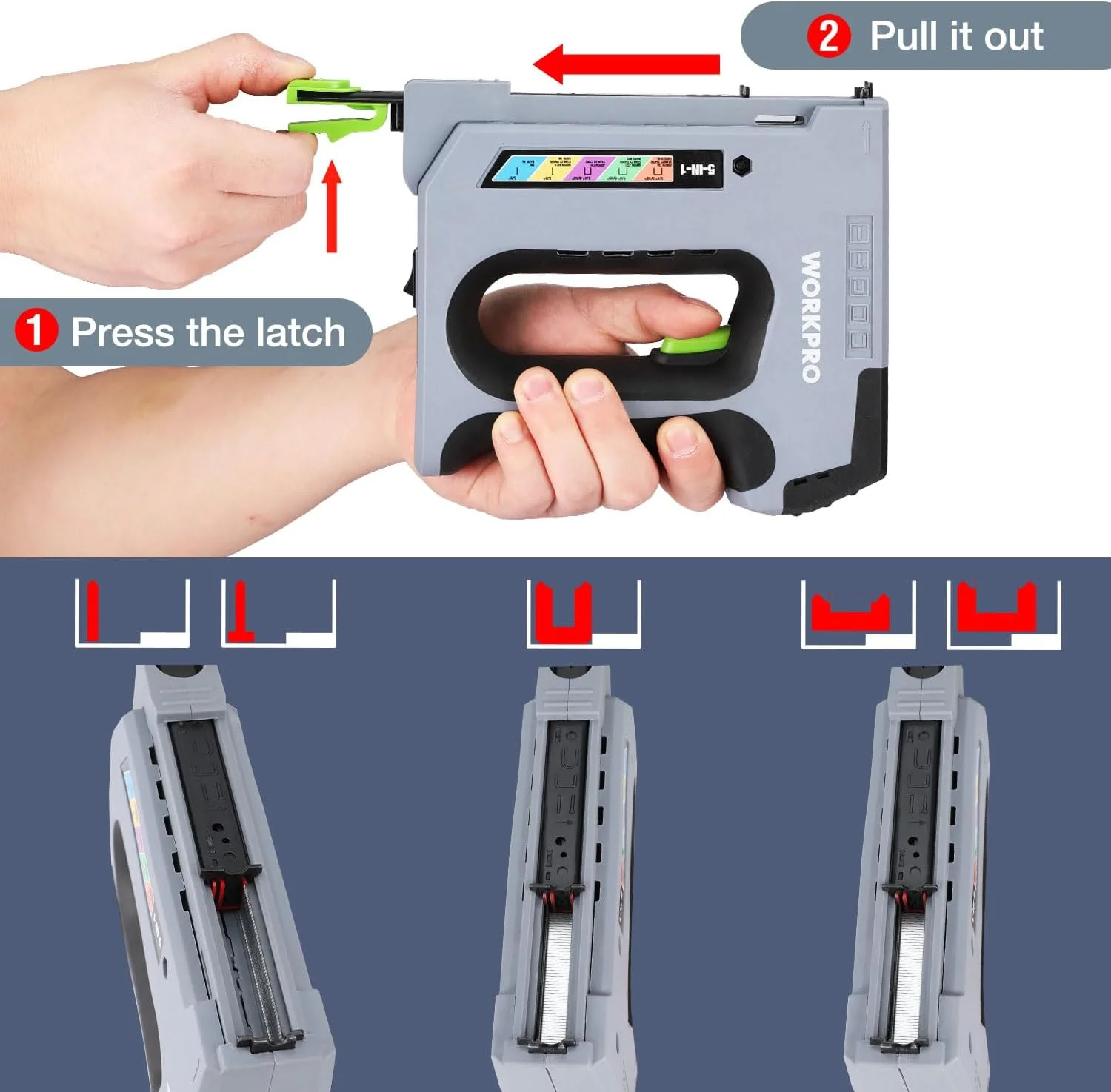 WORKPRO 5 in 1 Cordless Staple Gun, 3.6V Rechargeable Electric Stapler with 2000 Staples and Nails, Upholstery Staple Gun for Wood, Furniture, Office, and DIY Projects - Image 6