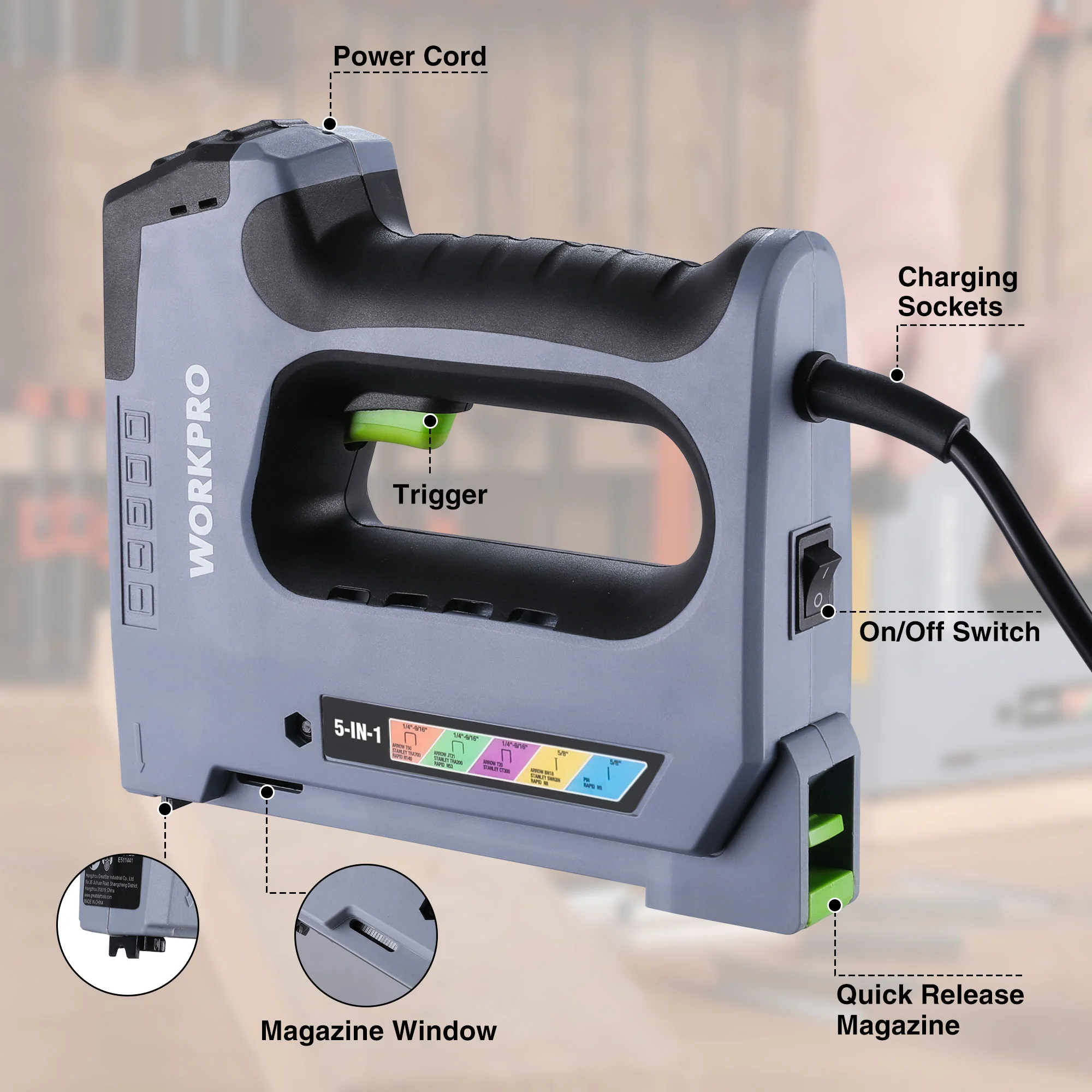 WORKPRO 5 in 1 Staple Gun,110V Corded Brad Nailer with 2000 Staples and Nails - Image 3