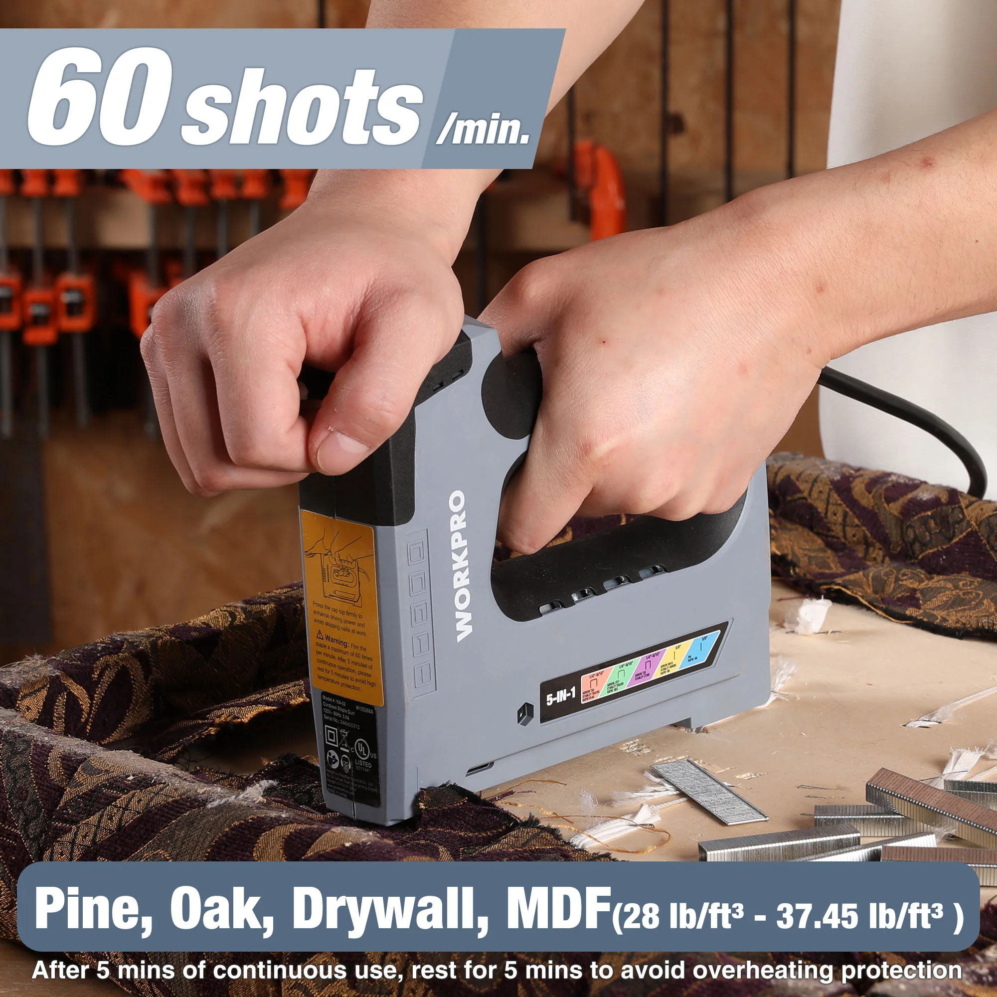 WORKPRO 5 in 1 Staple Gun,110V Corded Brad Nailer with 2000 Staples and Nails - Image 4