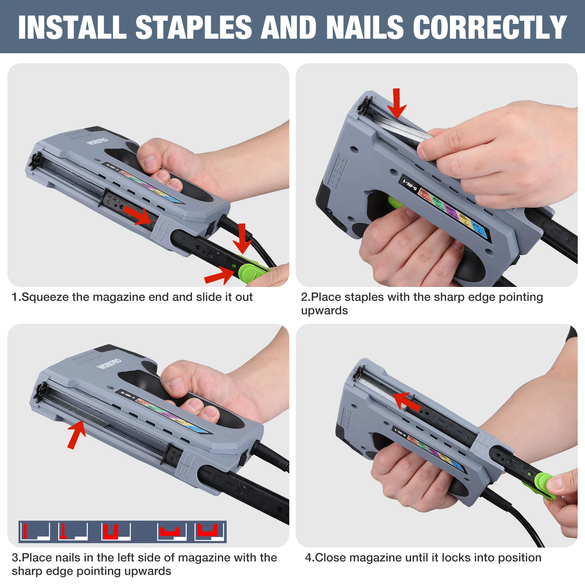 WORKPRO 5 in 1 Staple Gun,110V Corded Brad Nailer with 2000 Staples and Nails - Image 7