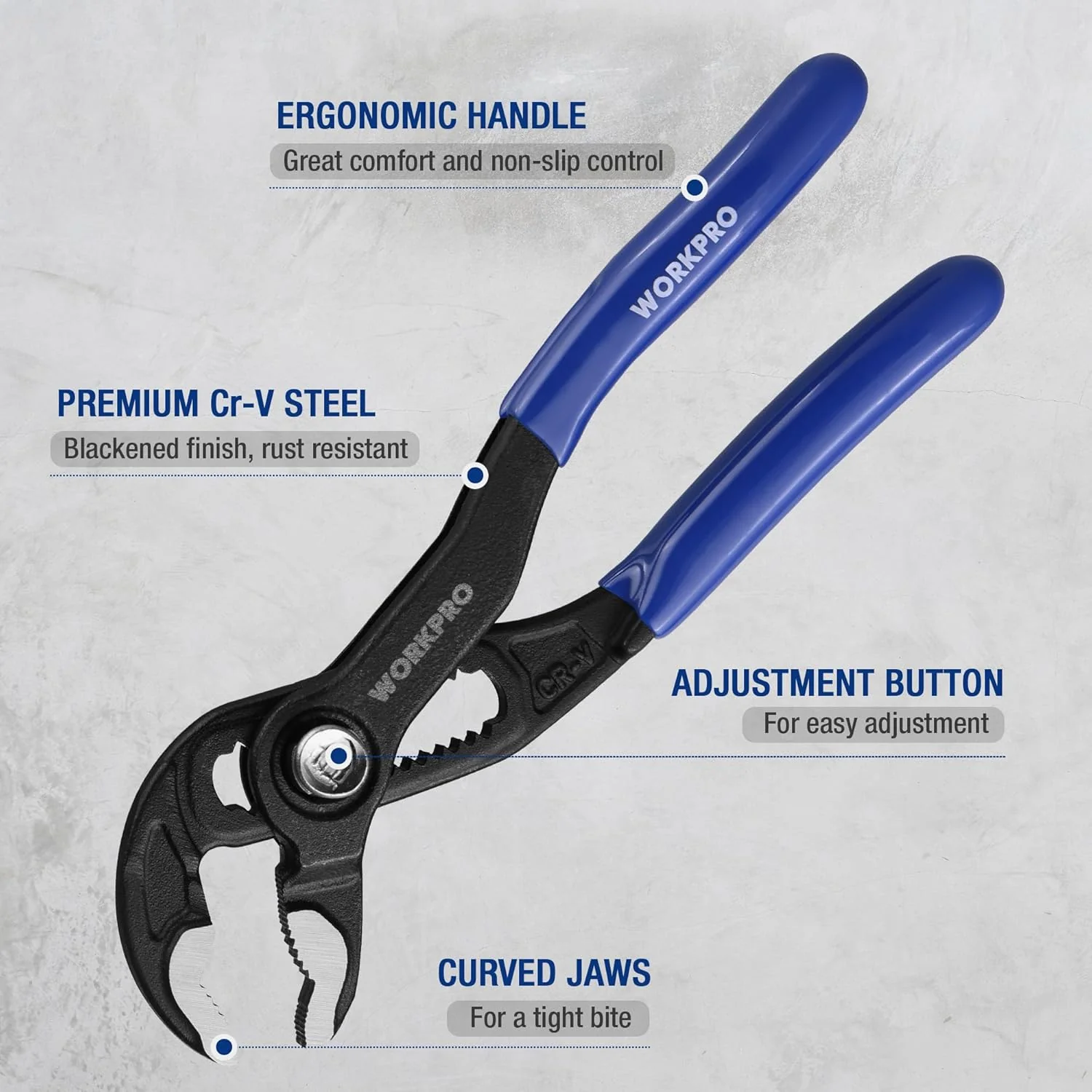 WORKPRO 5-Inch Water Pump Pliers, CR-V Plumbing Lock Plier, Quick Adjust Groove Joint Pliers, V-Jaw Quick Release Push Lock Pliers with Comfortable Grips - Image 3