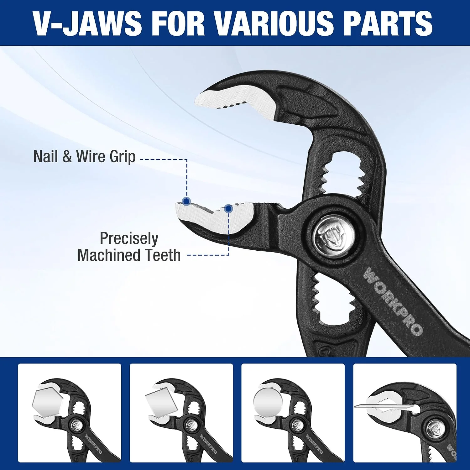 WORKPRO 5-Inch Water Pump Pliers, CR-V Plumbing Lock Plier, Quick Adjust Groove Joint Pliers, V-Jaw Quick Release Push Lock Pliers with Comfortable Grips - Image 4