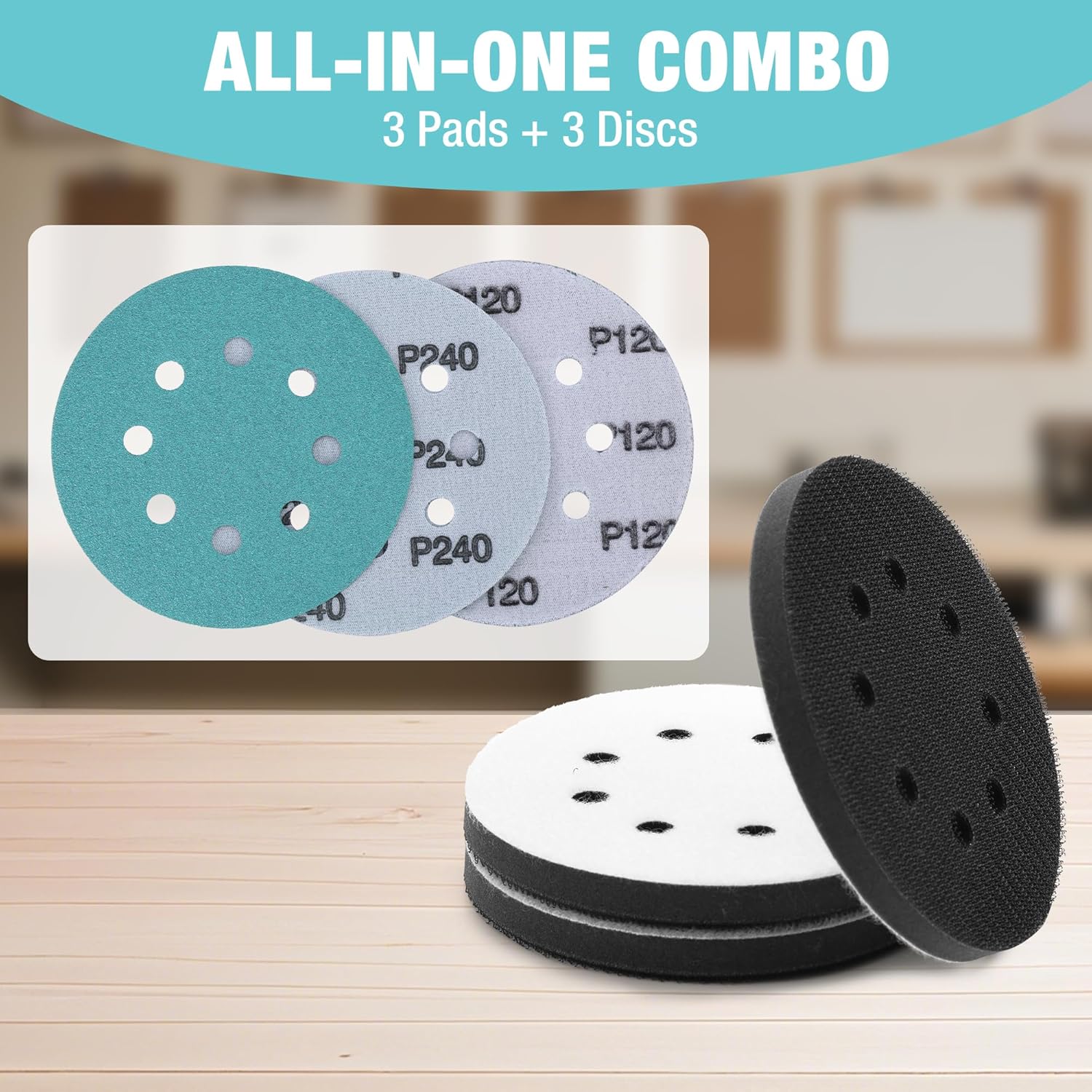 WORKPRO 5 Inch Orbital Sander Interface Pads and Sanding Discs, 3 Foam Buffer Pads & 3 Grit Sandpaper (80/120/240), 8 Hole Hook and Loop Soft Cushion Sponge Backing for Sander - Image 2